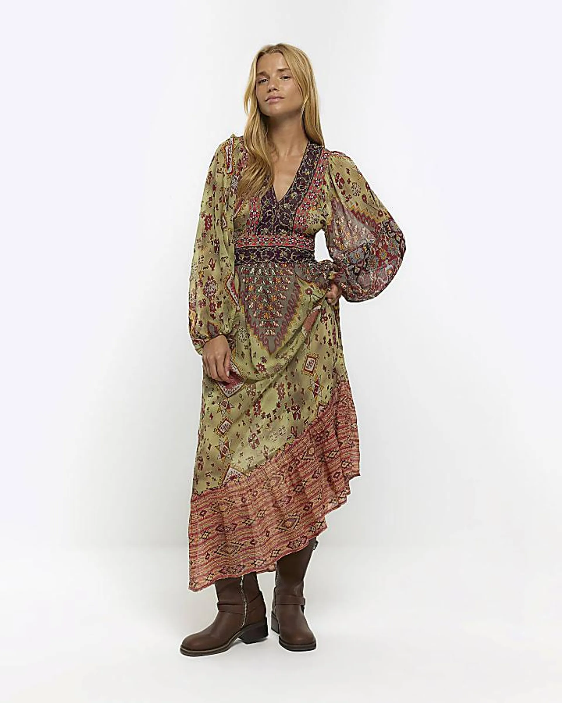 Pink paisley embellished smock maxi dress