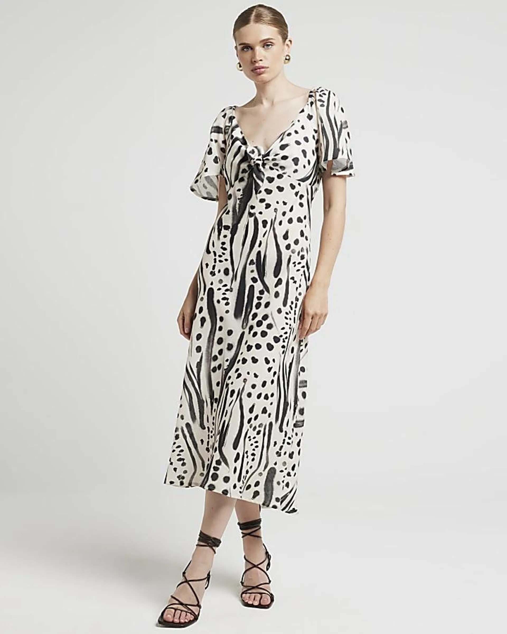 Cream abstract tie front swing midi dress