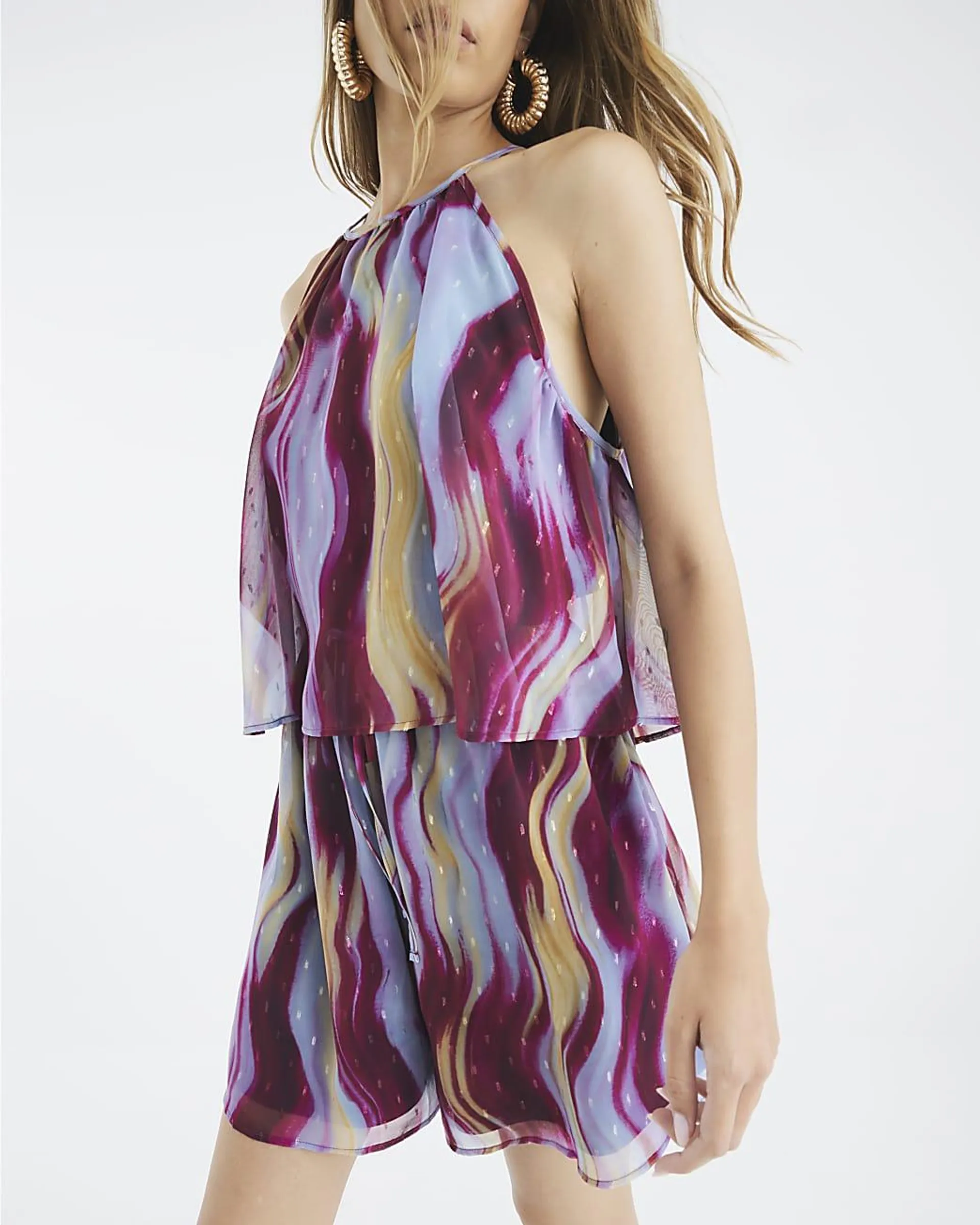 Purple Sleeveless Abstract Playsuit