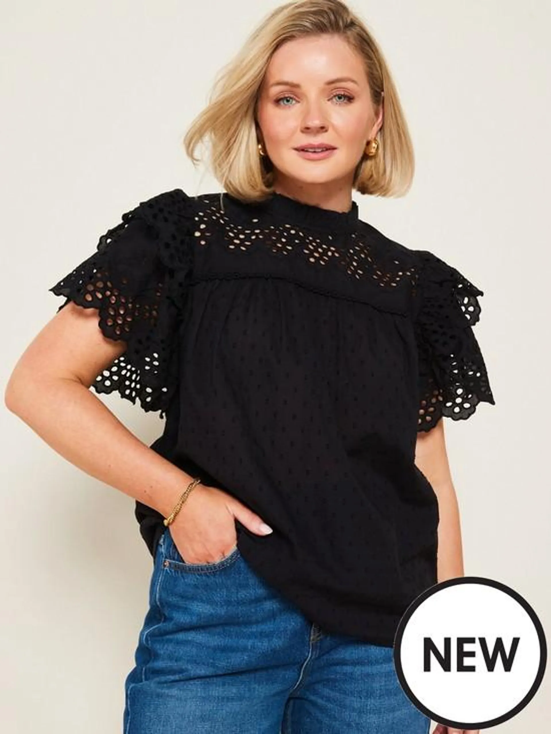 X Laura Byrnes Cotton Broderie Frill Sleeve Blouse - Black