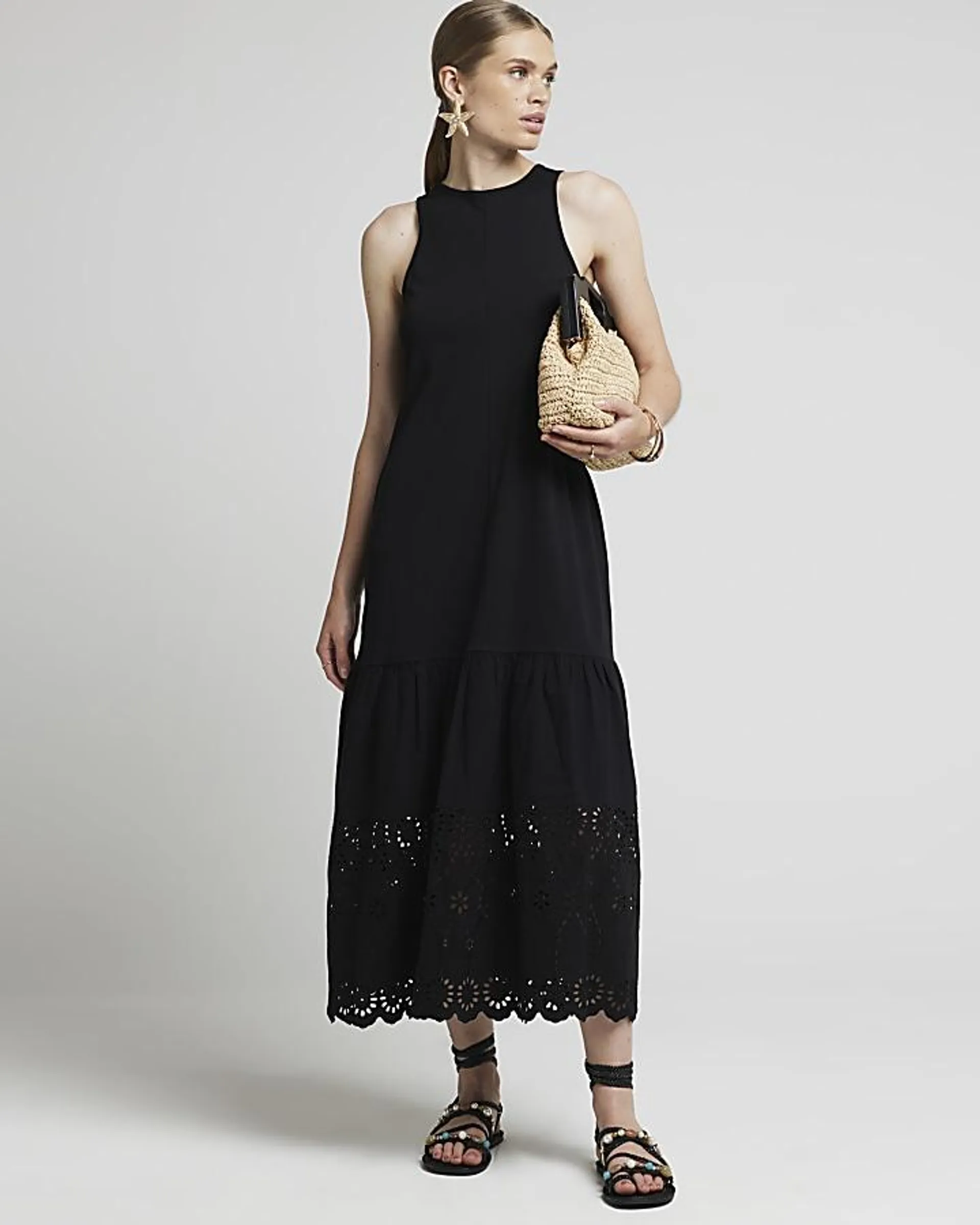 Black Broderie Hem Shift Midi Dress