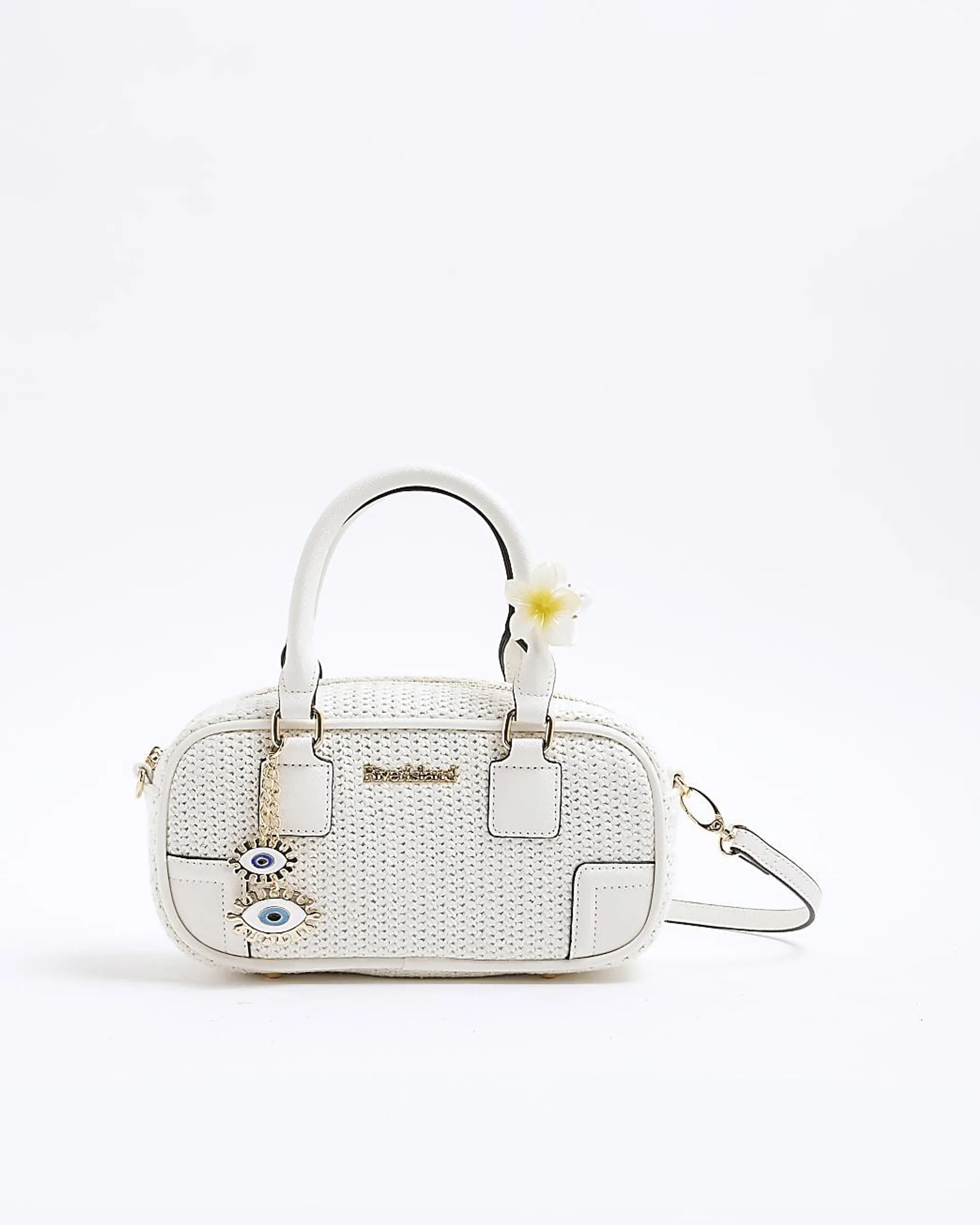 White Rectangle Raffia Bowler Bag