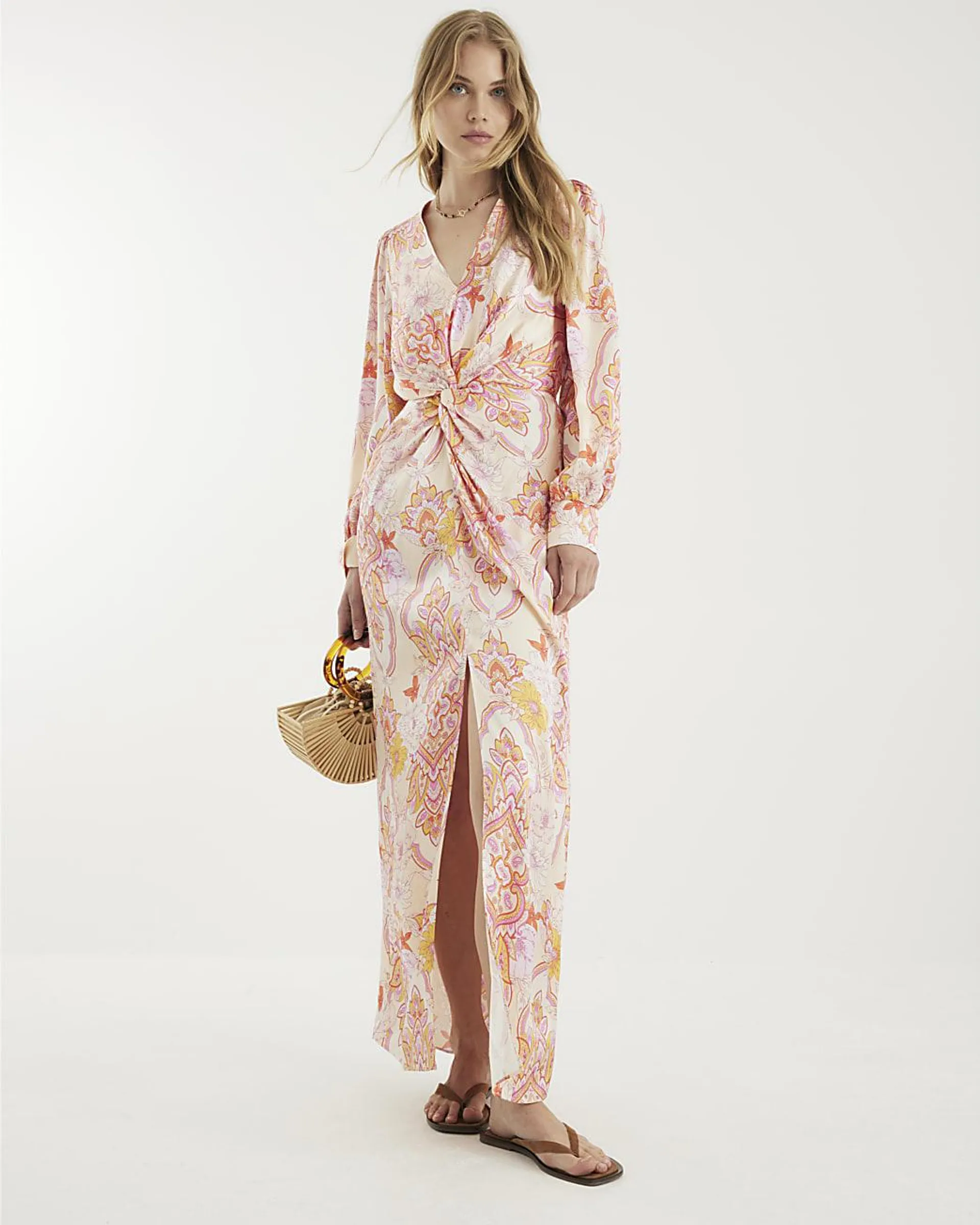 Pink Floral Long Sleeve Twist Maxi Dress
