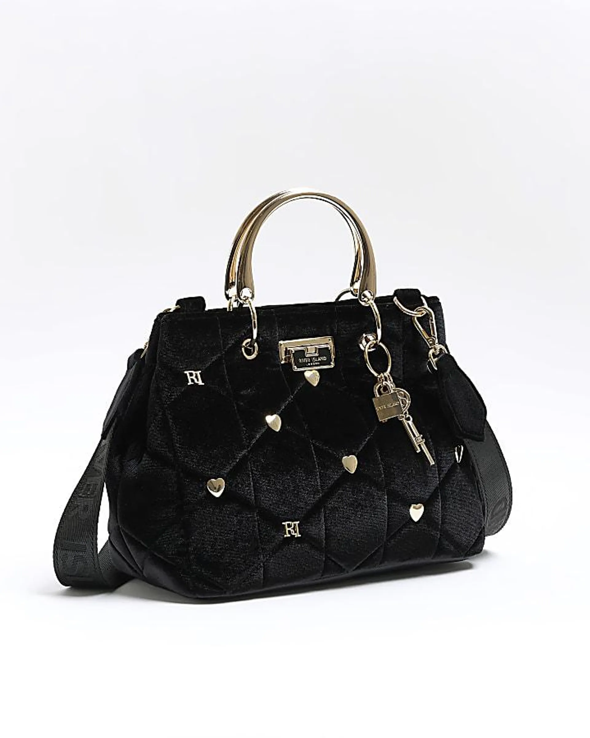 Black velvet heart stud tote bag