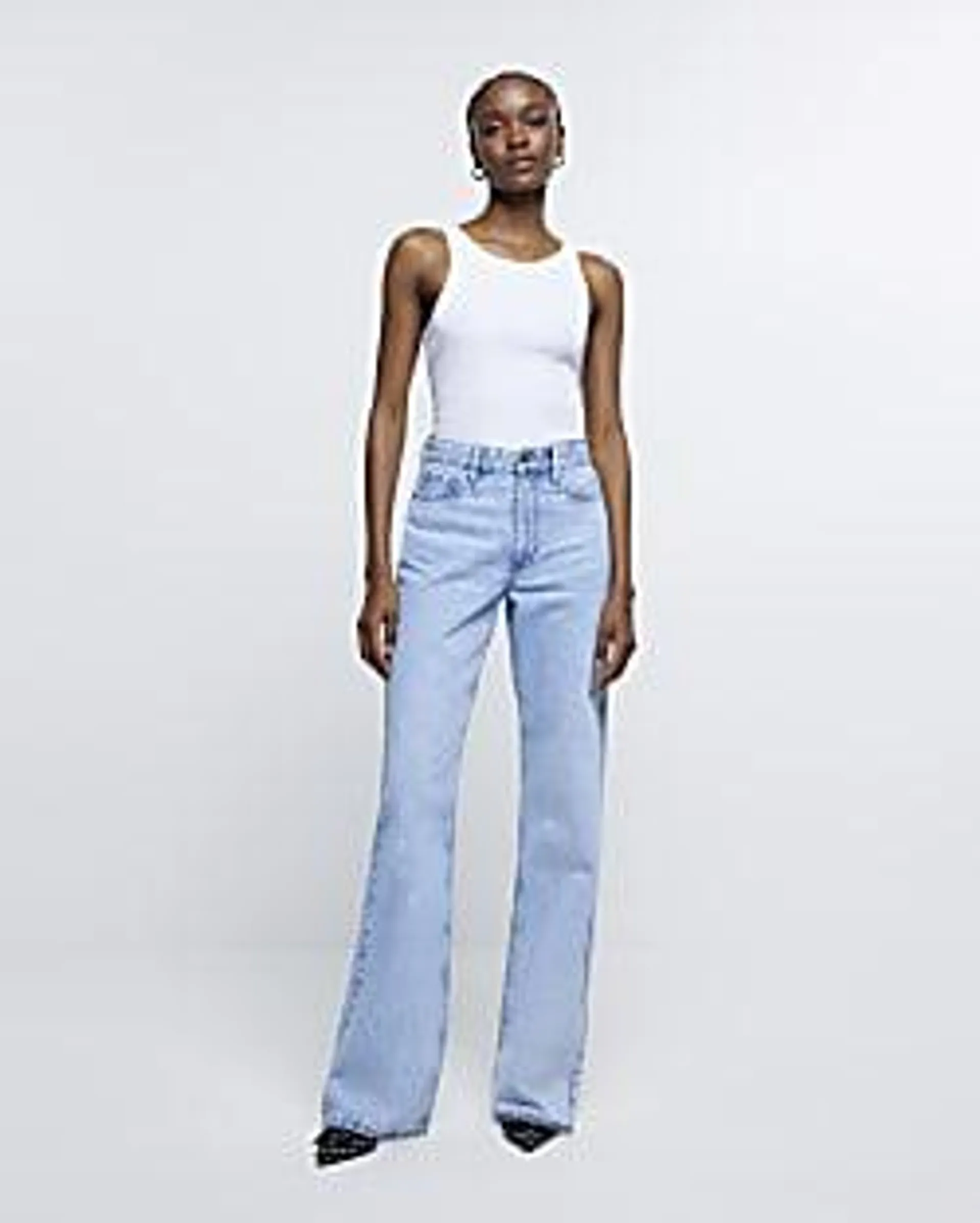 Blue high waisted relaxed straight leg jeans