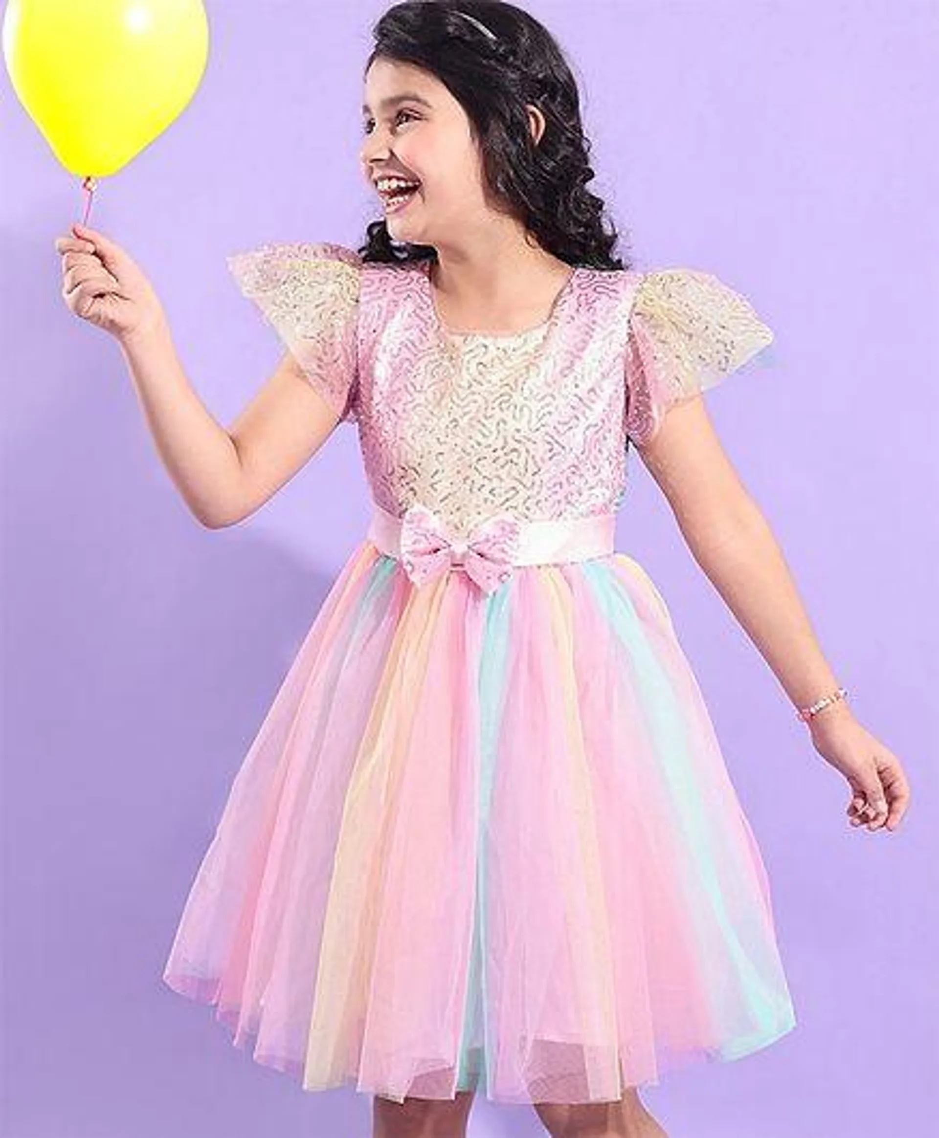 Hola Bonita Half Sleeves Sequin Embroidered with Rainbow Mesh Party Dress - Multicolour