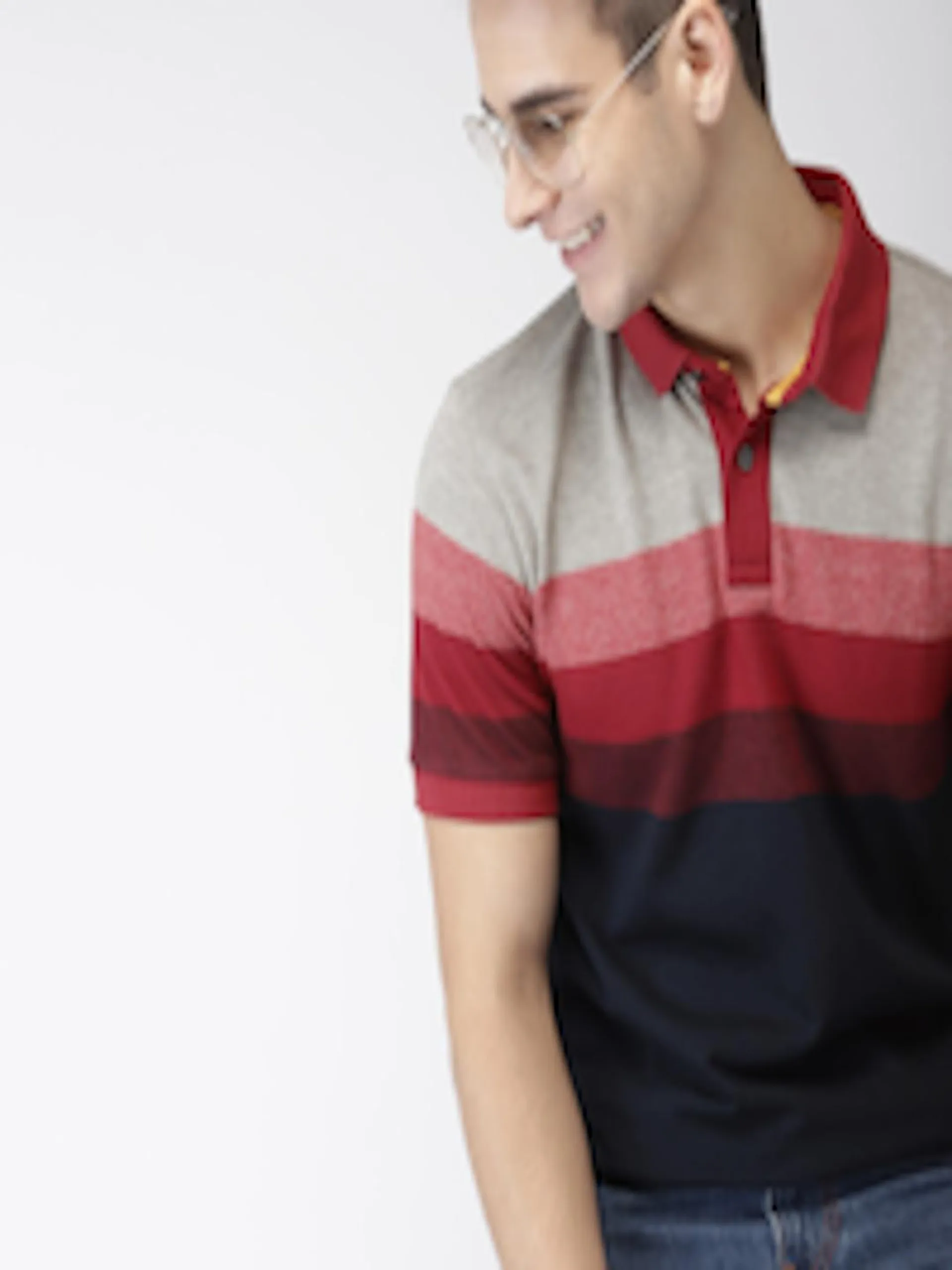 Men Navy Blue, Red & Grey Colourblocked Polo Collar T-shirt