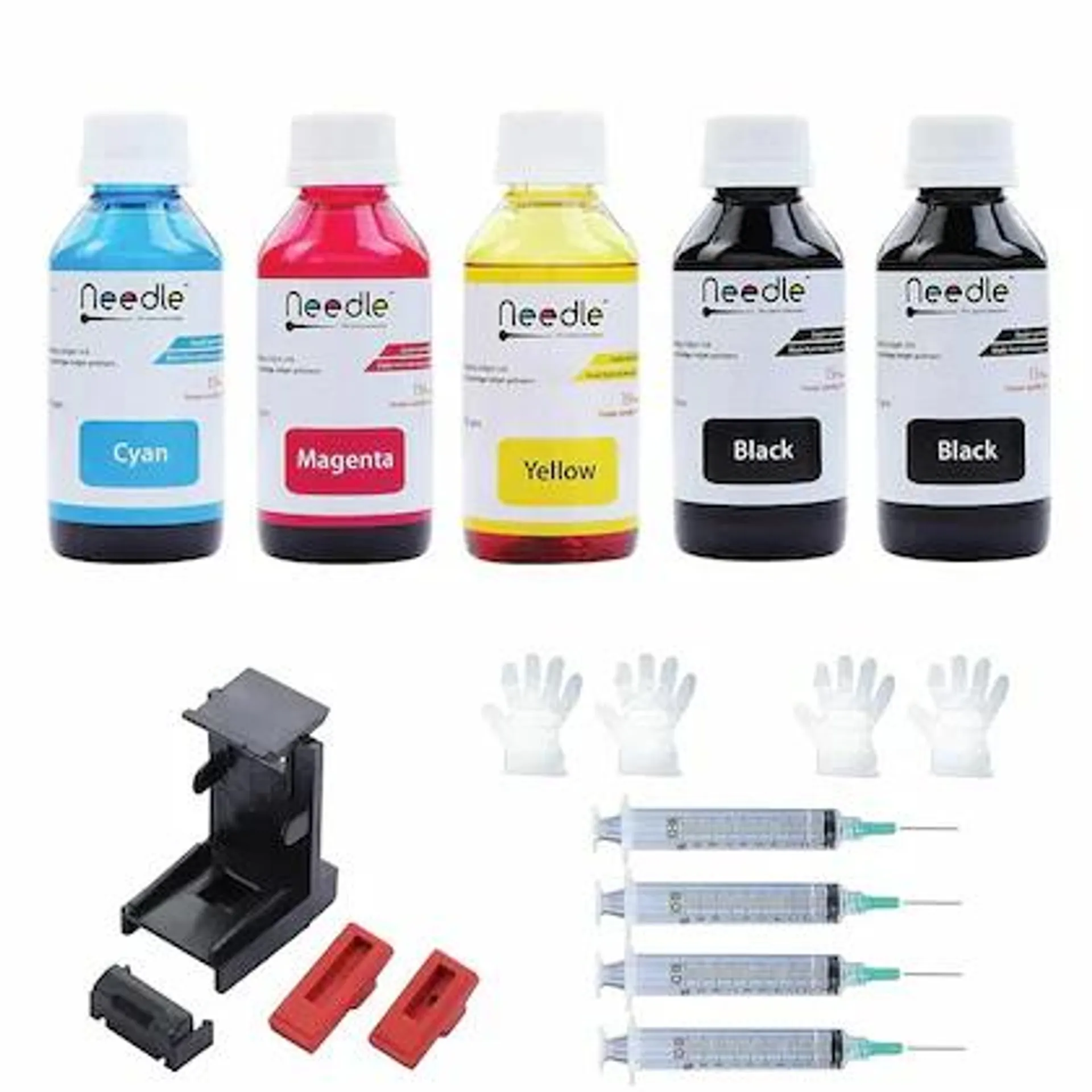 Needle High Yield 5 x 100ml Cartridge Inkjet Ink Refill Toolkit with Suction Tool (N-CART-CMYKKTKS-100) Compatible with HP and Canon Cartridge Inkjet Printers (CMYKK set)