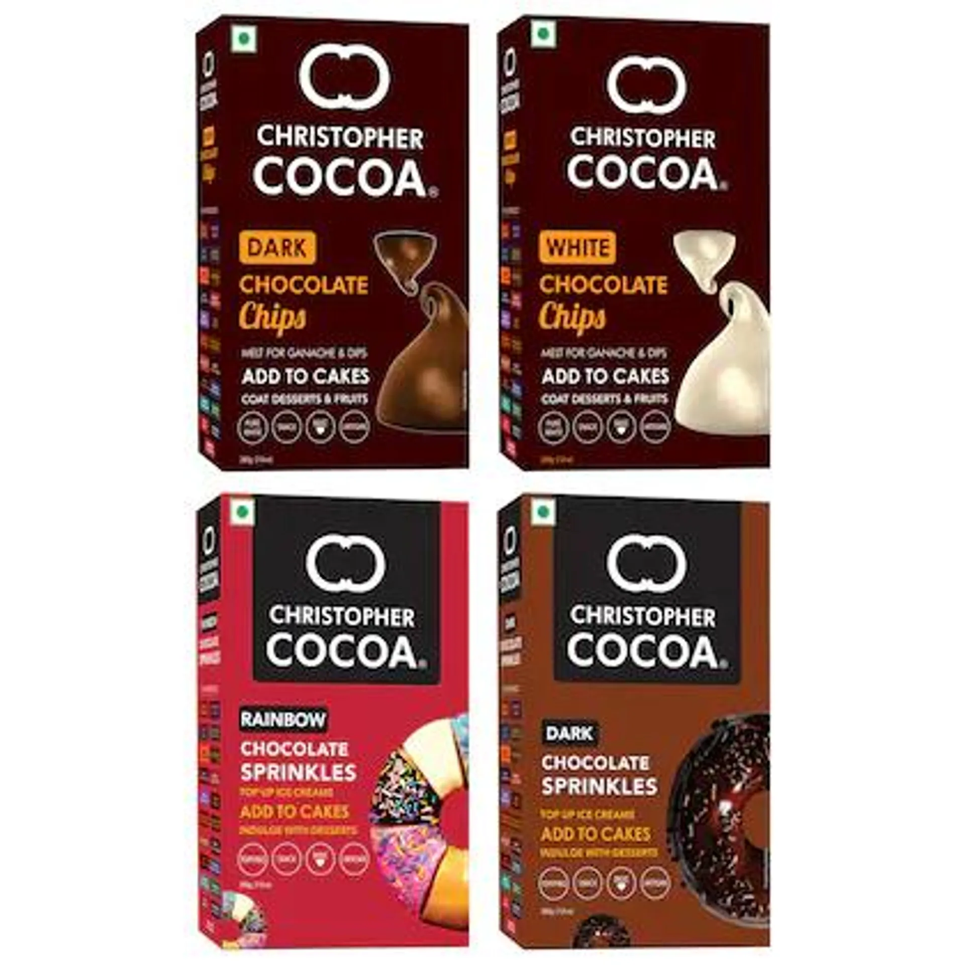 Christopher Cocoa Dark Chocolate Sprinkles 200g, Rainbow Sprinkles 200g, Dark Chocolate Choco Chips 200g , White Chocolate Choco Chips 200g (Snack, Topping Ice Cream, Cakes, Baking)