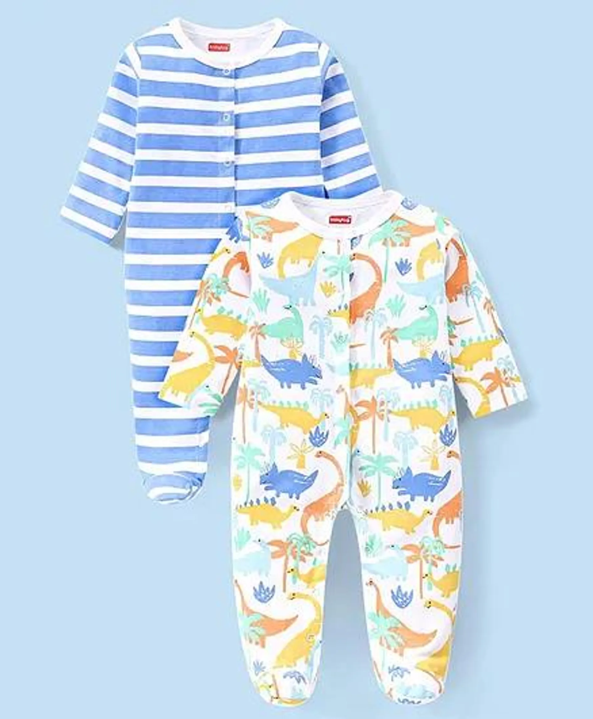 Babyhug Cotton Full Sleeves Sleepsuit With Dinosaur Print And Stripes Pack of 2 - Multicolor