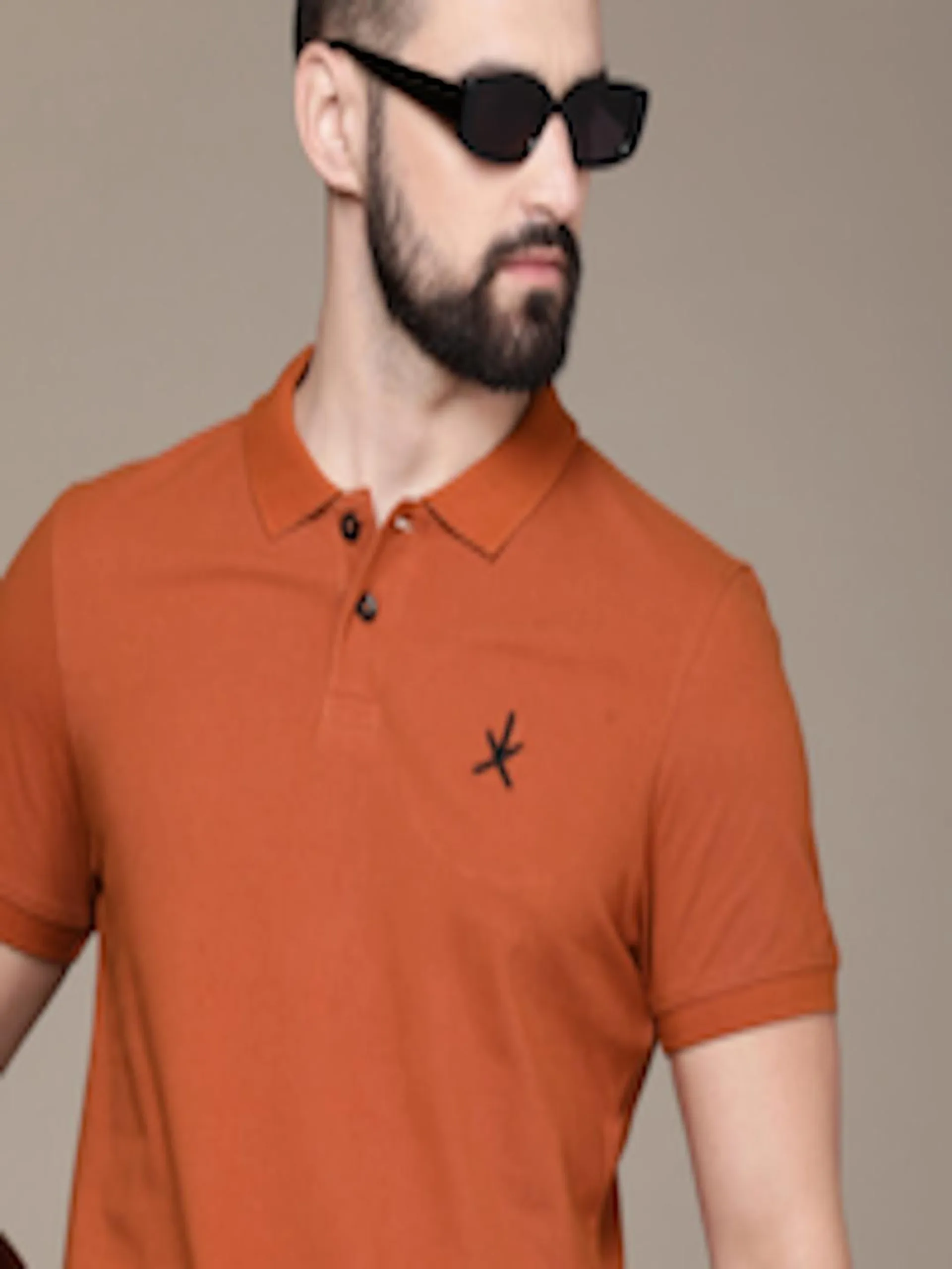 The Life Co. Men Solid Minimal Embroidered Polo Collar Pure Cotton T-shirt