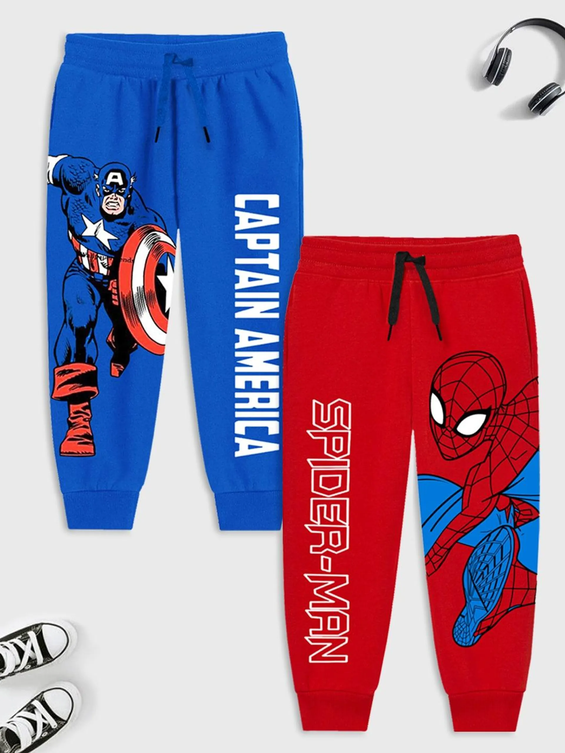 Kids Pack Of 2 Avengers Printed Mid-Rise Cotton Joggers