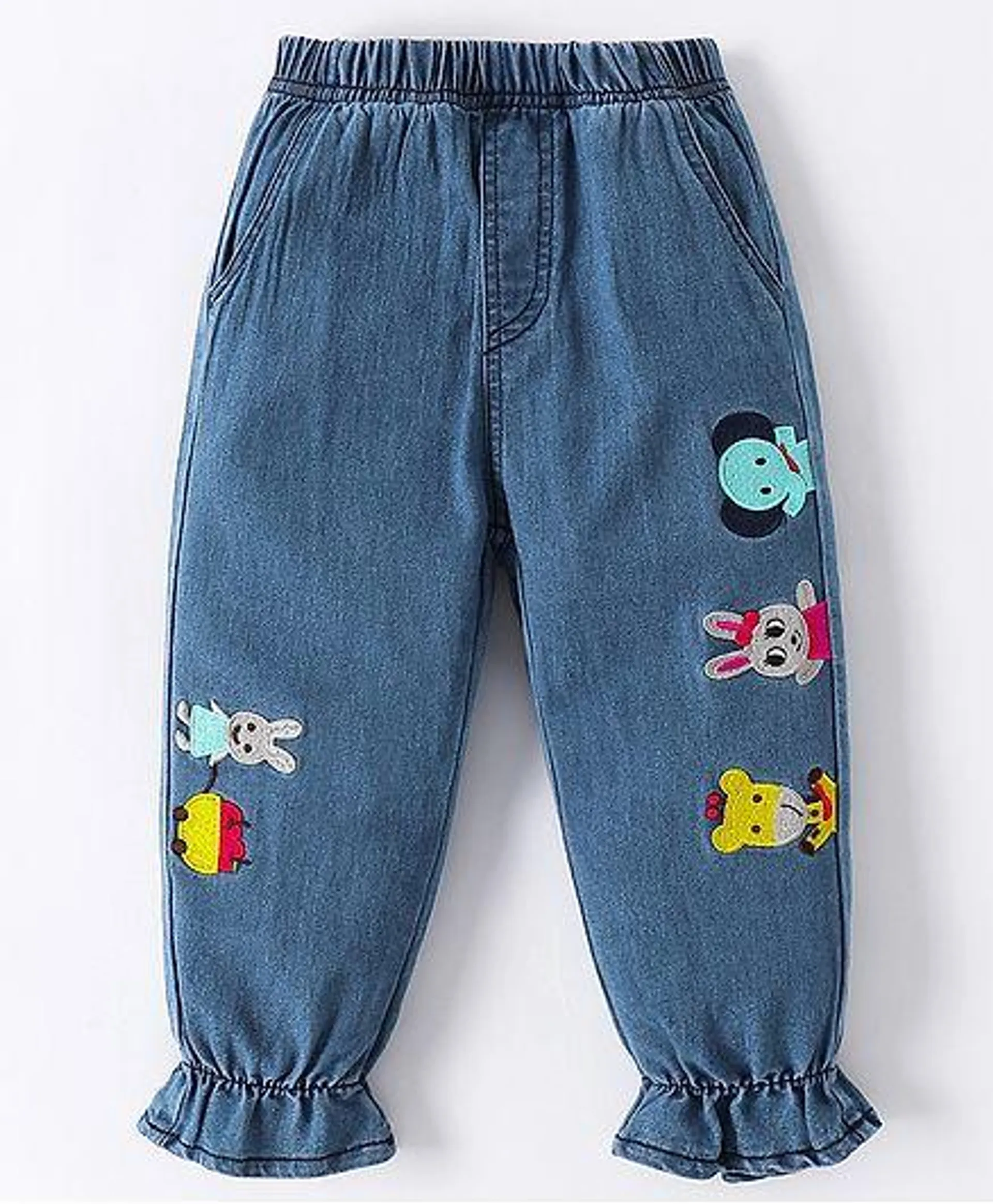 Kookie Kids Full Length Washed Denim Jeans with Bunny Embroidery - Blue