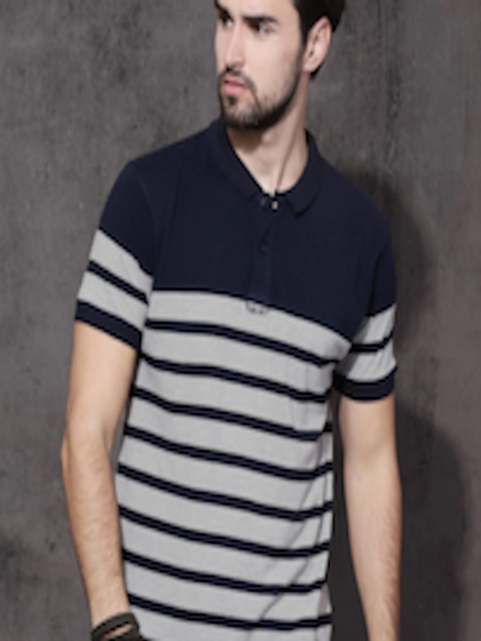 Men Grey & Navy Blue Striped Polo Collar T-shirt