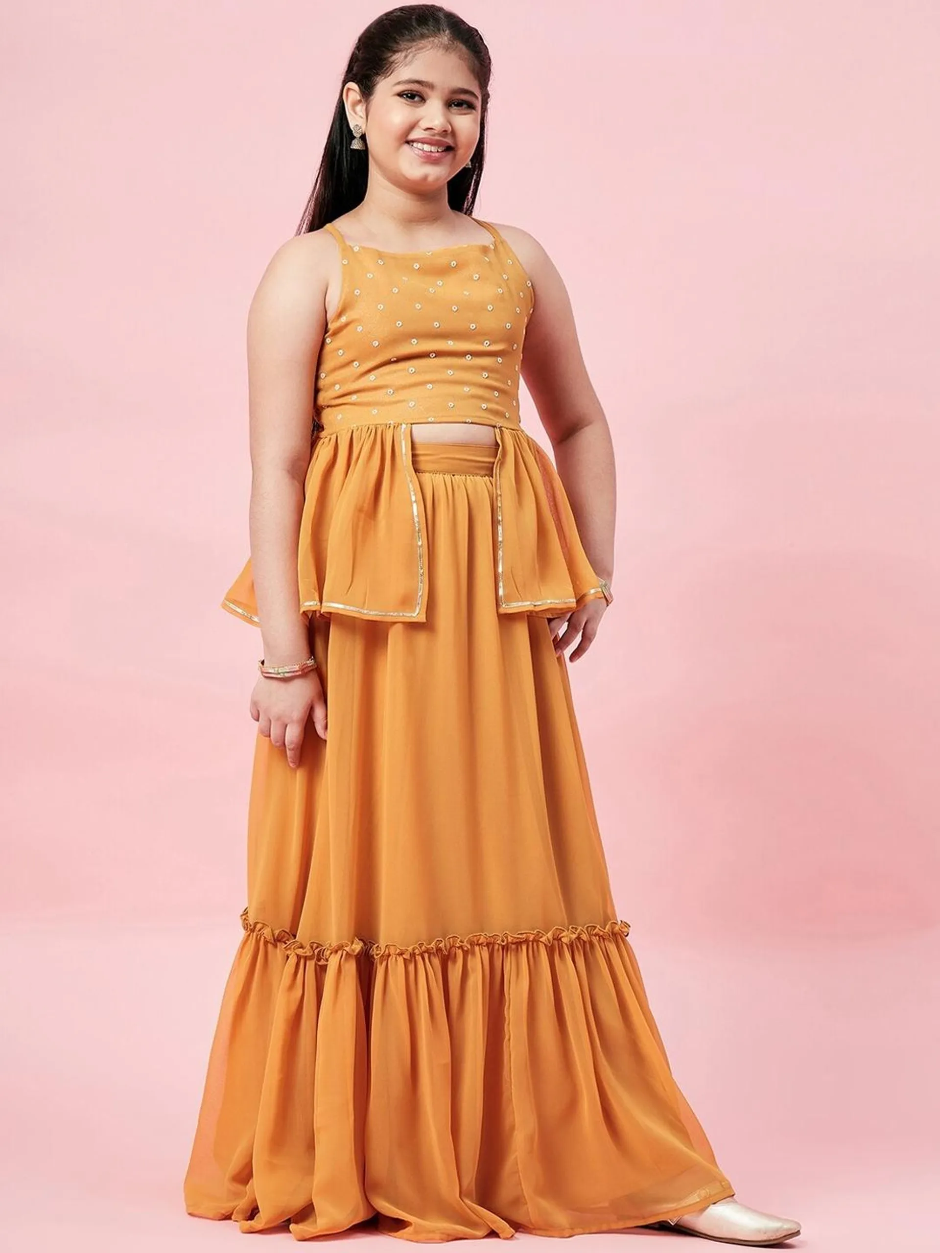 Girls Mustard Top With Printed Layered Lehenga