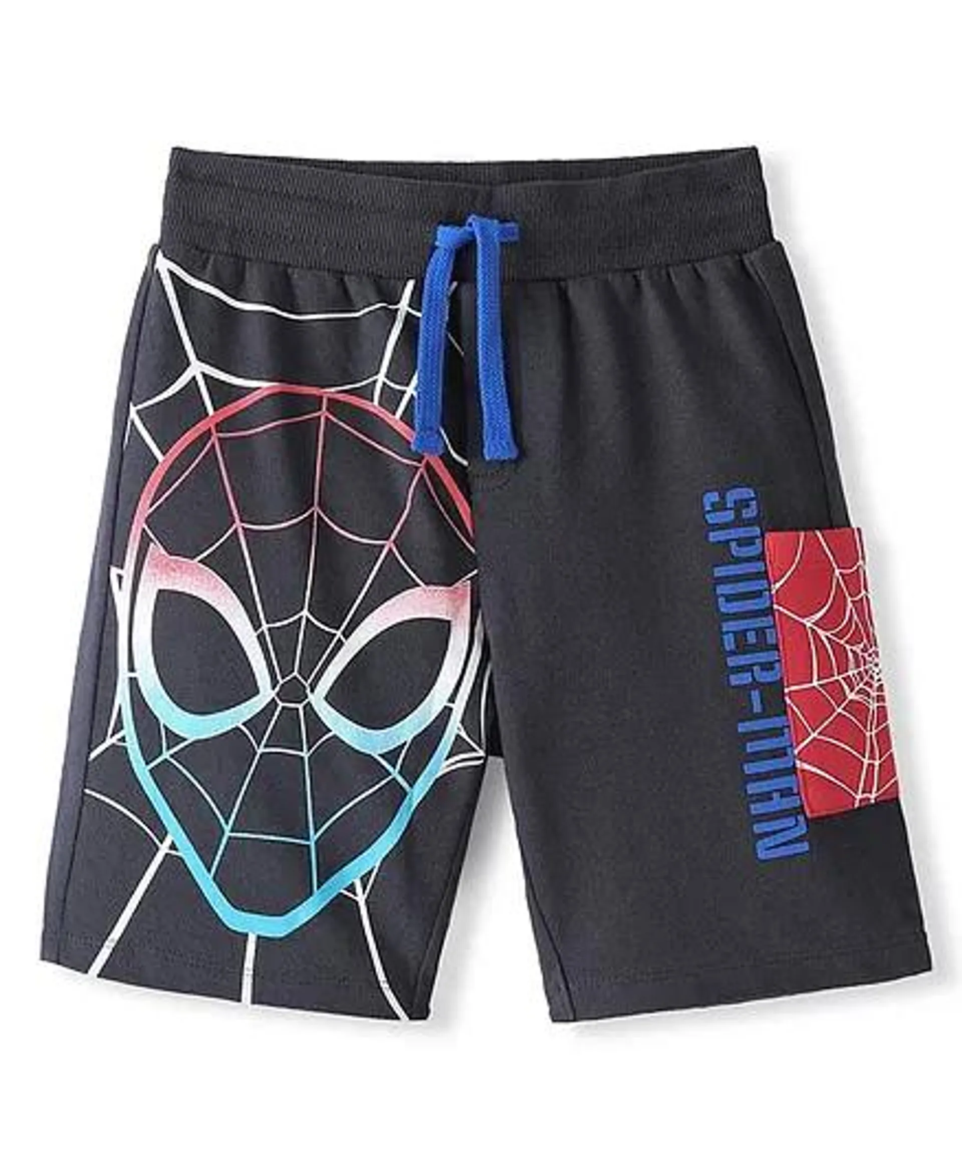 Pine Kids Marvel Cotton Terry Knit Knee Length Shorts with Spiderman Graphics - Black