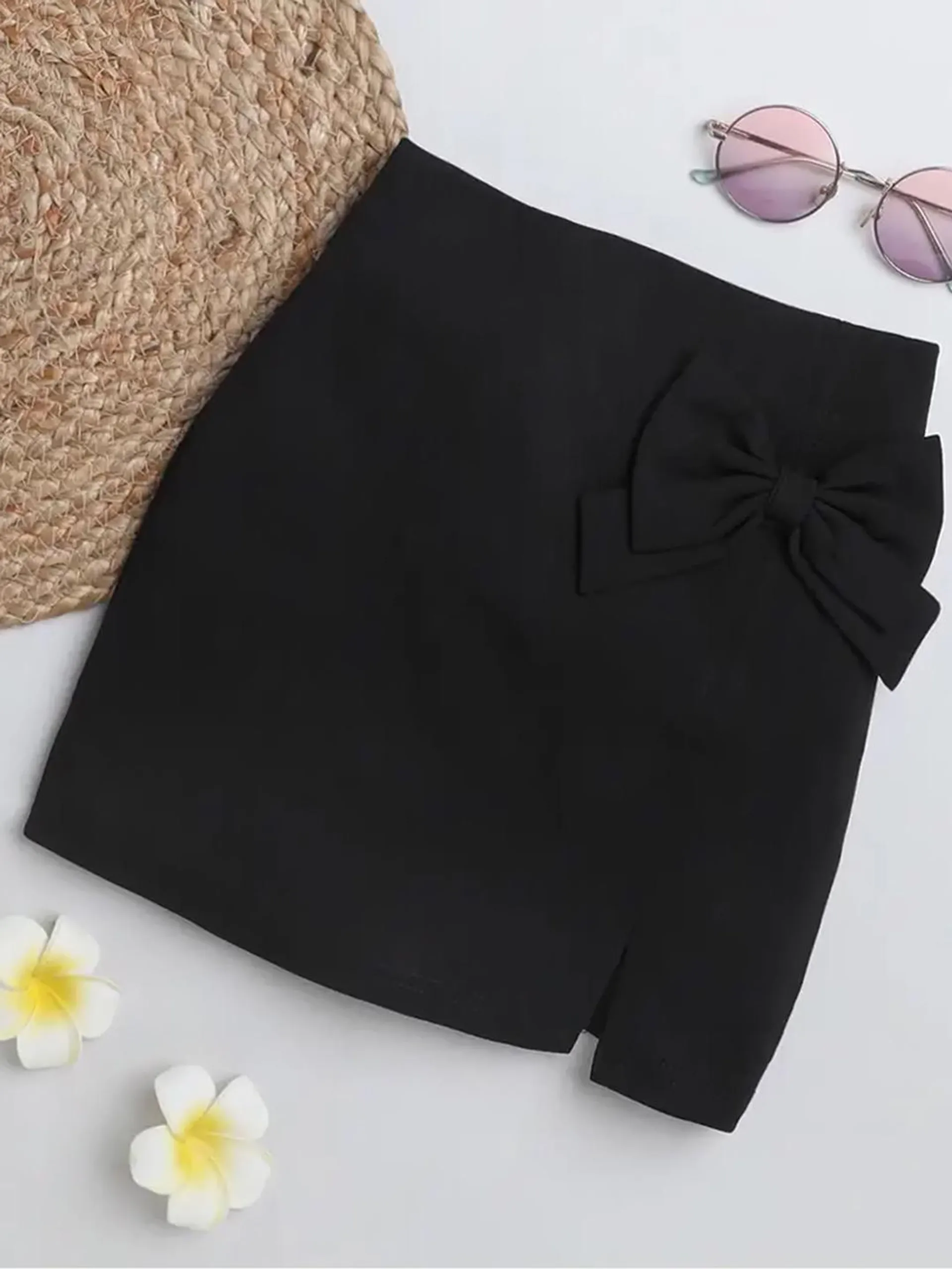 Girls Front Side Bow Knee-Length Skirt With Bow