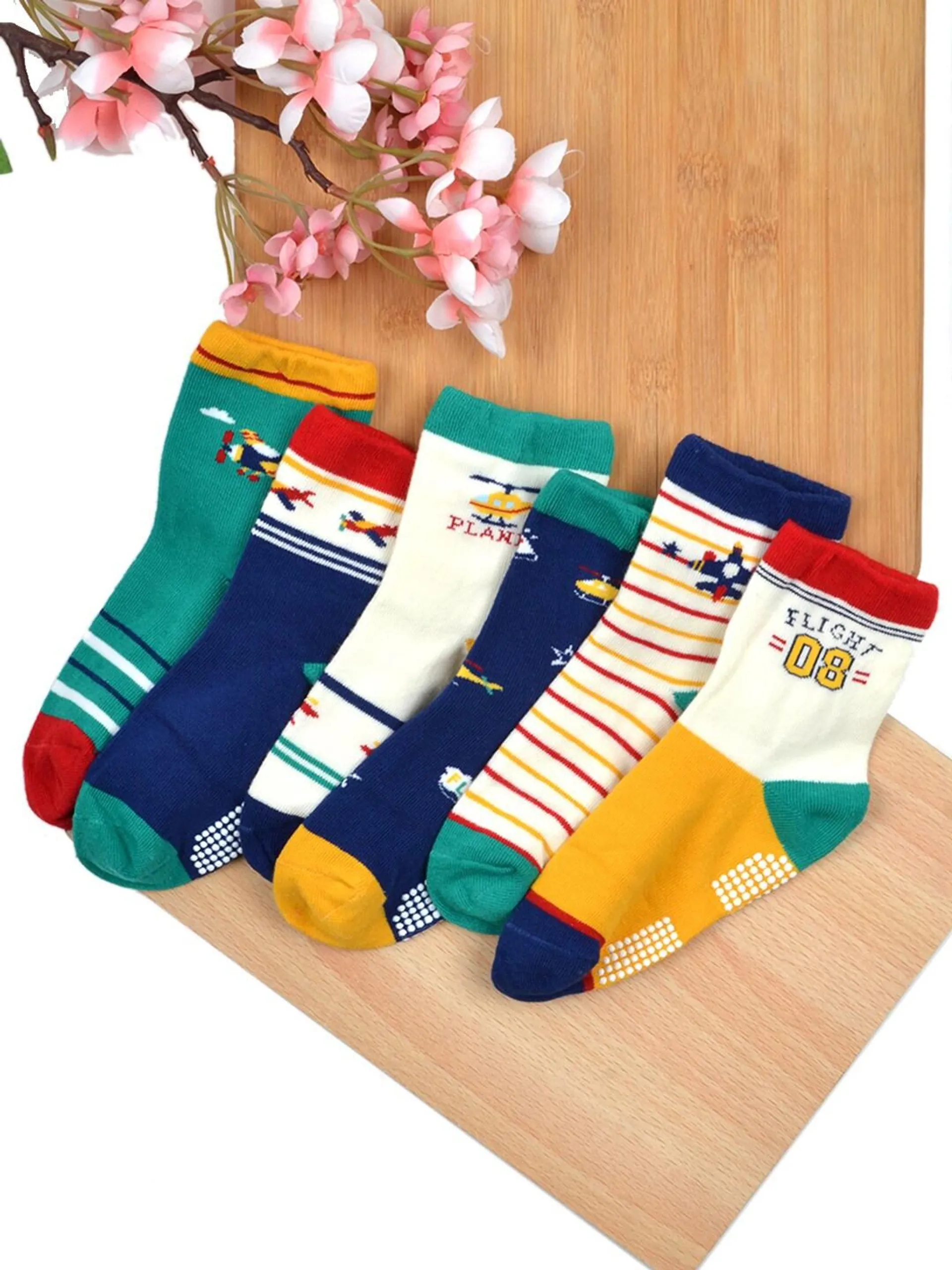 Kids Pack Of 6 Patterned Cotton Anti Skid Socks