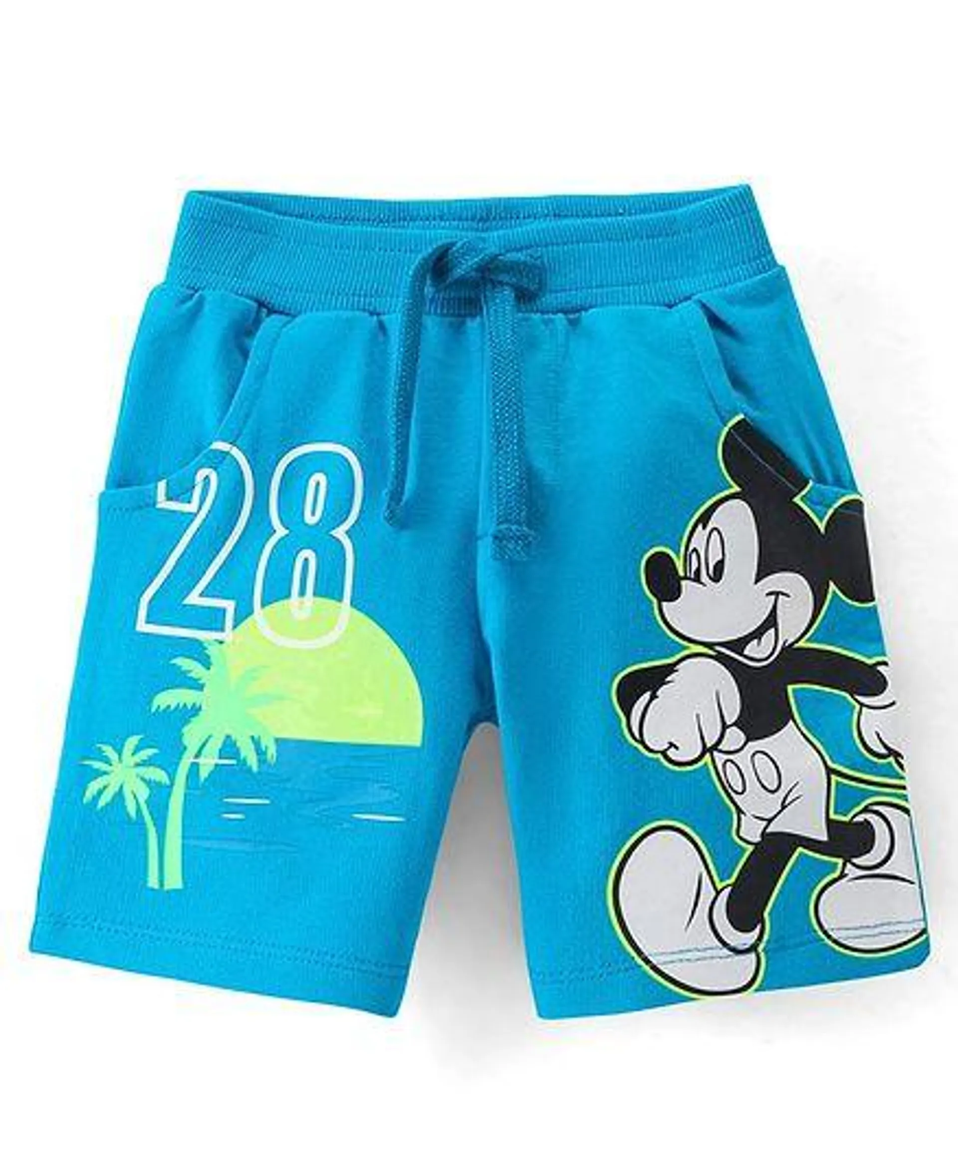 Babyhug Disney Cotton Knit Shorts with Mickey Mouse Graphics- Blue