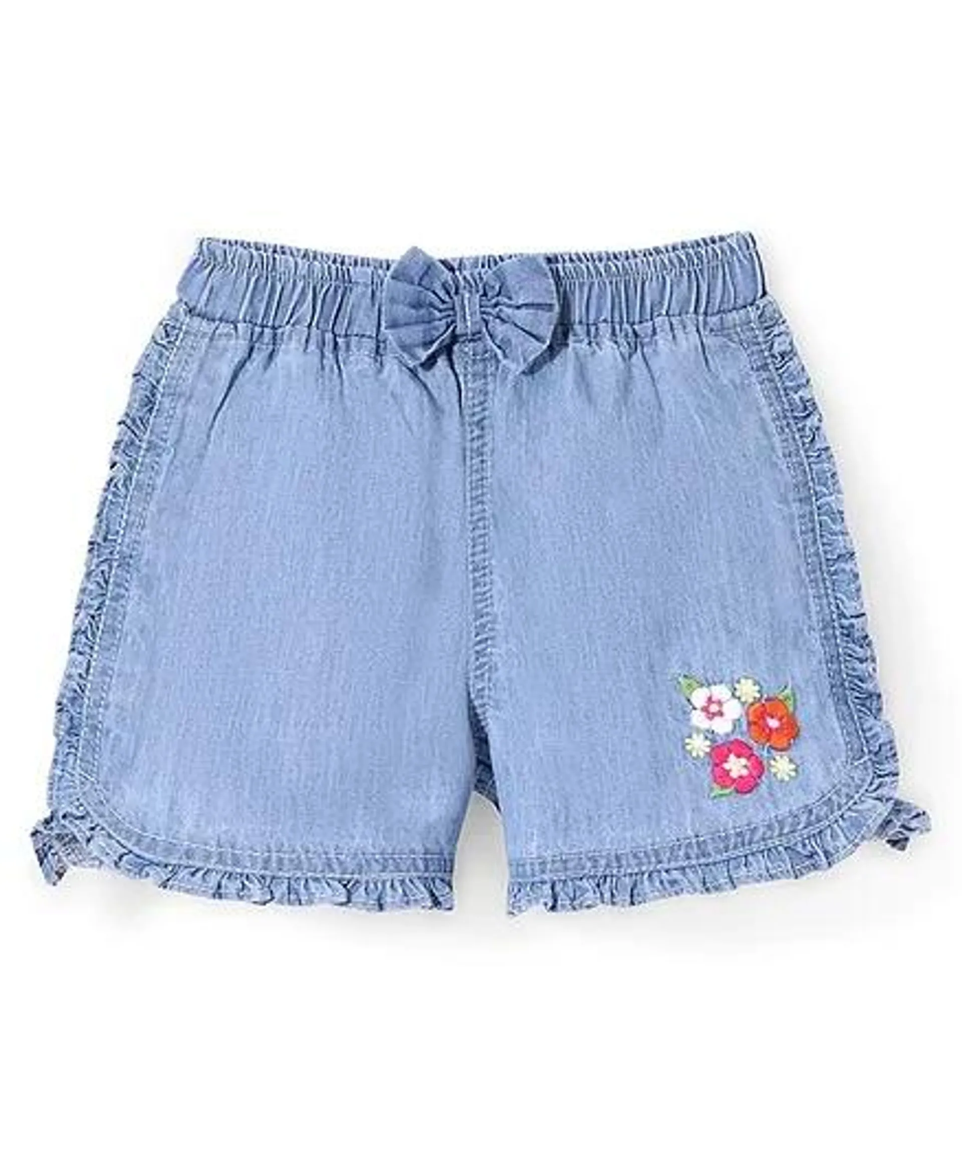 Babyhug Cotton Mid Thigh Denim Washed Shorts with Floral Embroidered & Bow Detailing - Blue