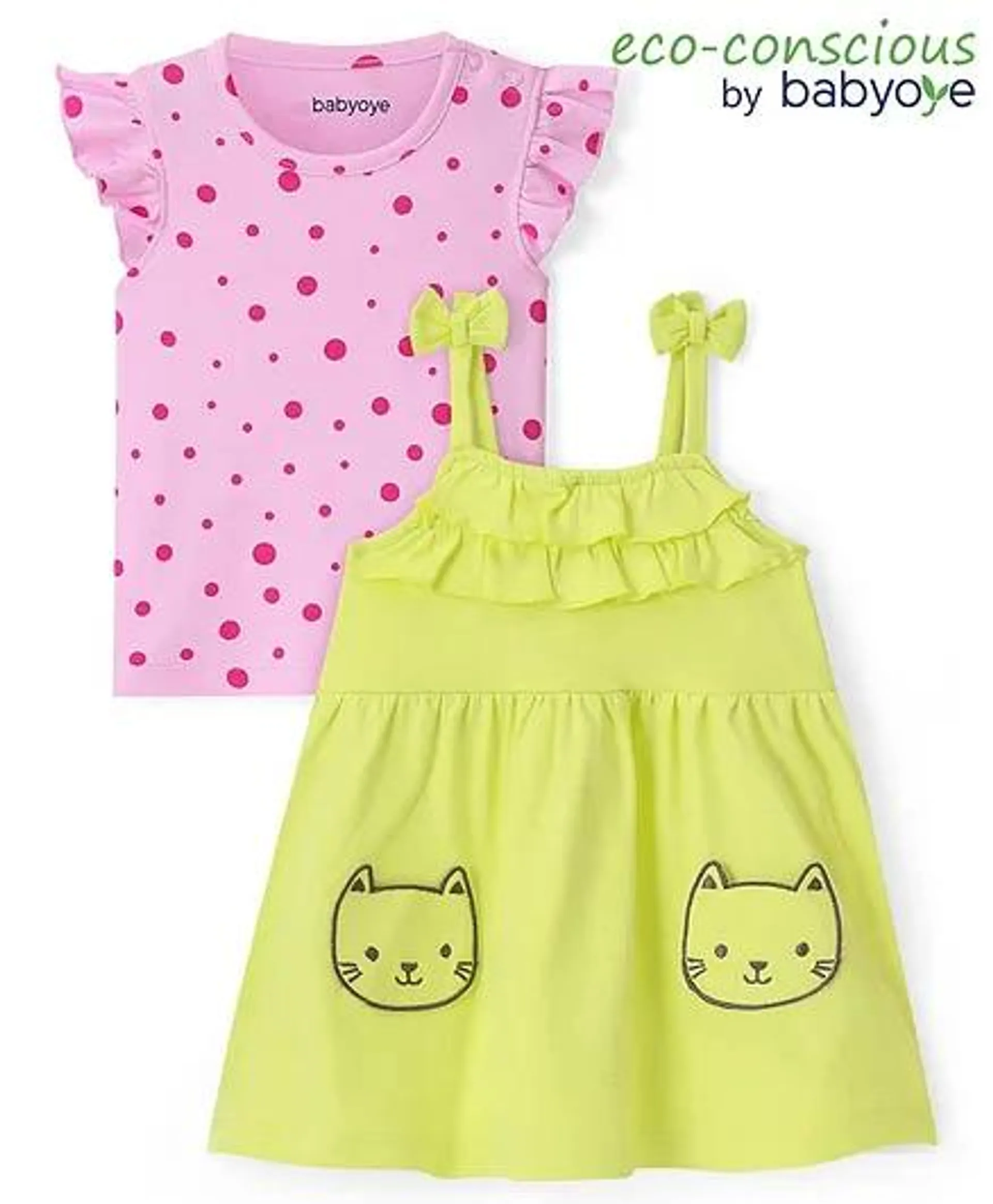 Babyoye 100% Cotton Interlock Frill Sleeves Polka Dots Printed T-Shirt with Cat Embroidered Frock - Pink & Green