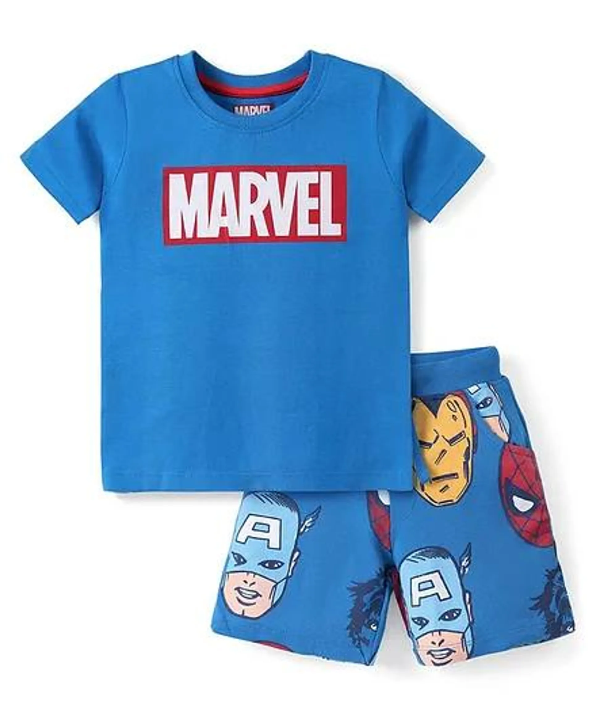 Babyhug Marvel 100% Cotton Knit Half Sleeves Night Suit with Avengers Graphics- Blue