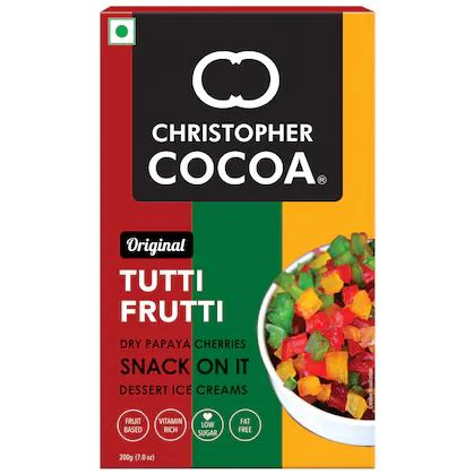 Christopher Cocoa Dry Tutti Frutti Cherries 200g (Dry Papaya Fruit Snack, Topping, Cakes, Baking)