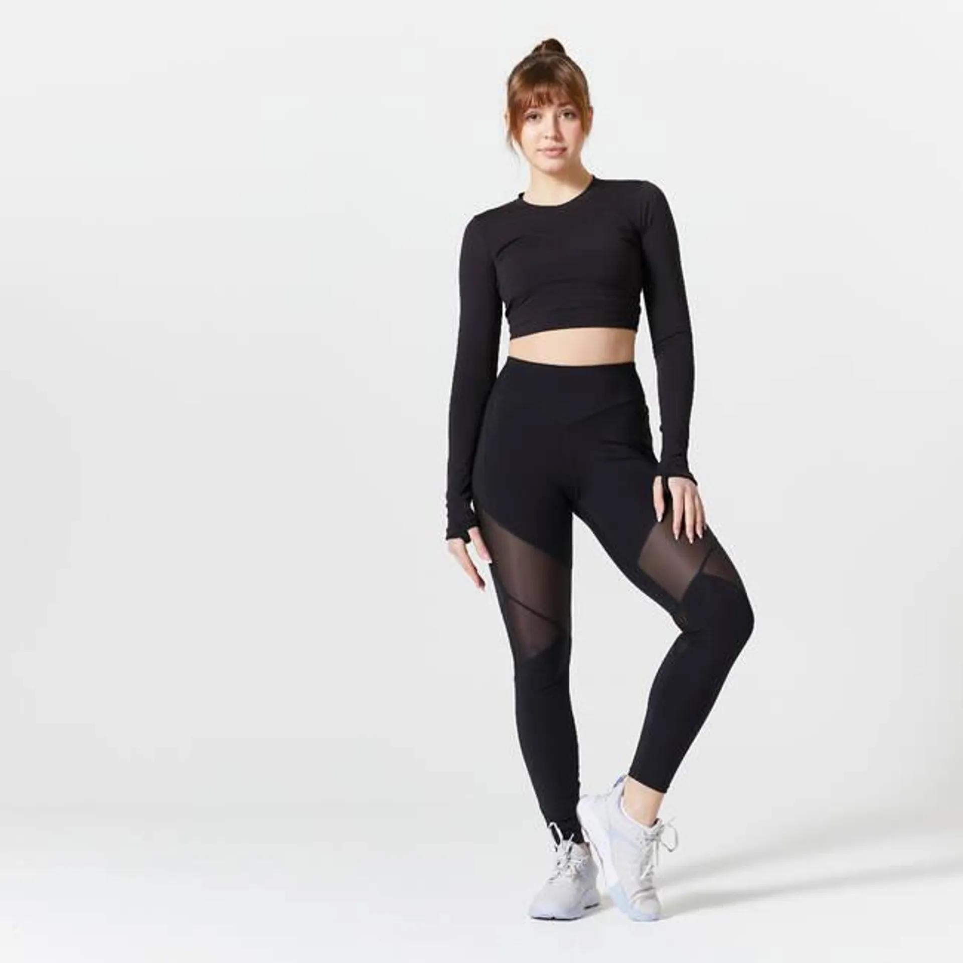 Women's Fitness Long-Sleeved Cropped T-Shirt - Black