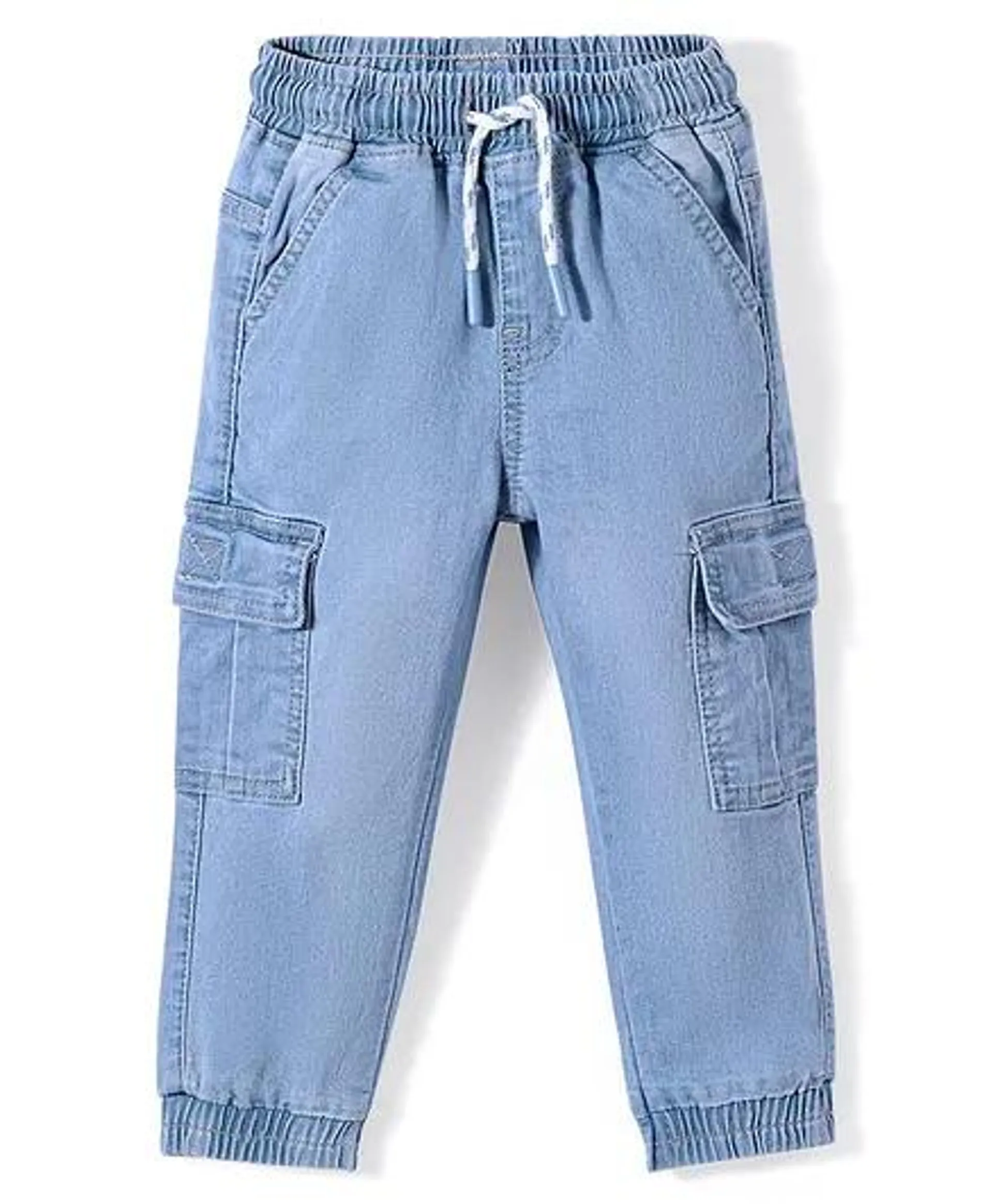 Babyhug Denim Full Length Joggers With Stretch - Light Blue