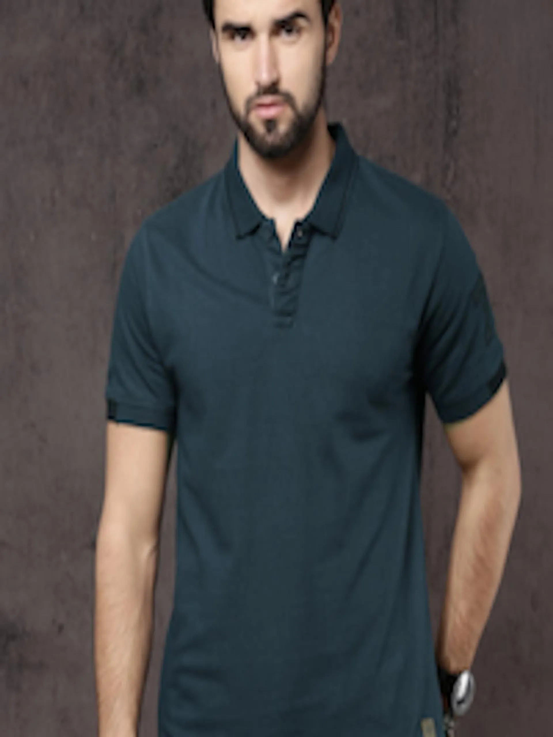 Time Travlr Men Navy Blue Solid Polo Collar Pure Cotton T-shirt