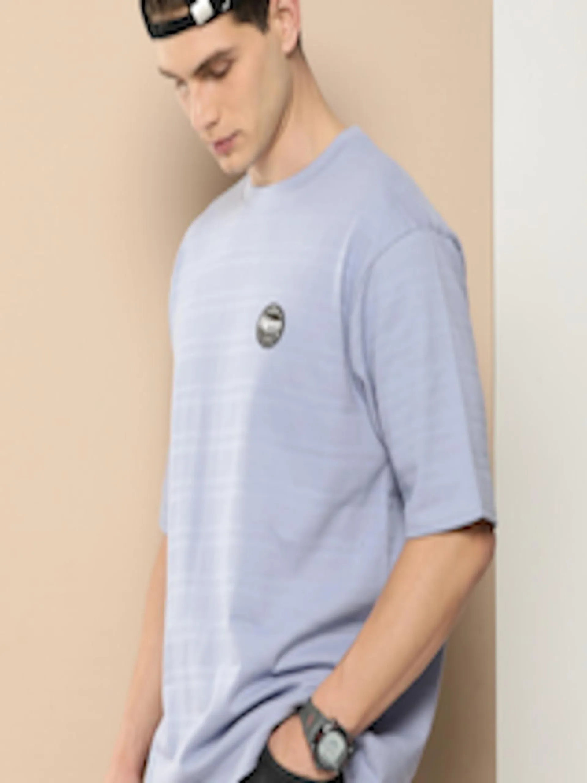 Men Self Design Applique Oversized T-shirt