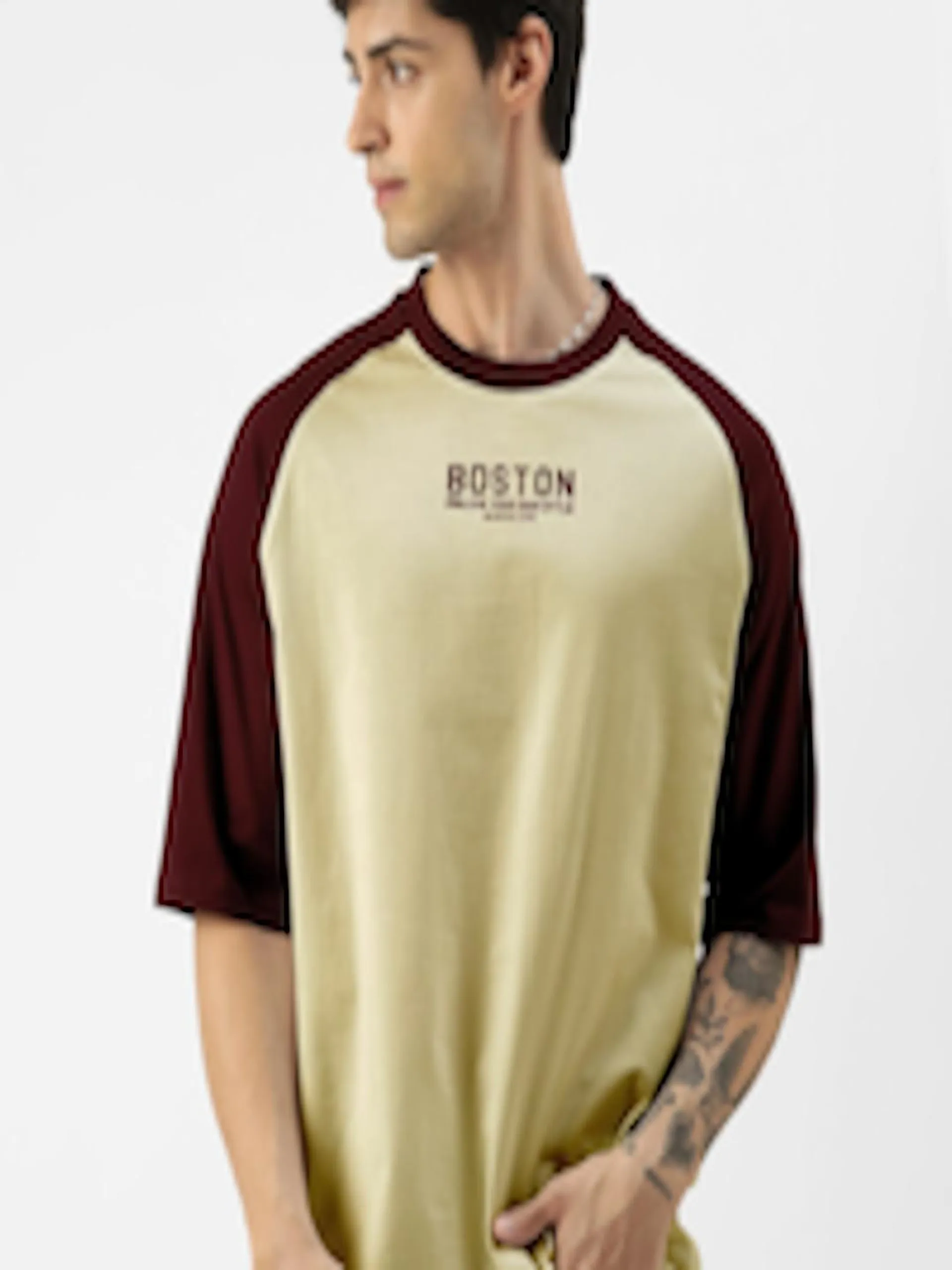 Colourblocked Round Neck Raglan Sleeves Oversized Cotton T-shirt
