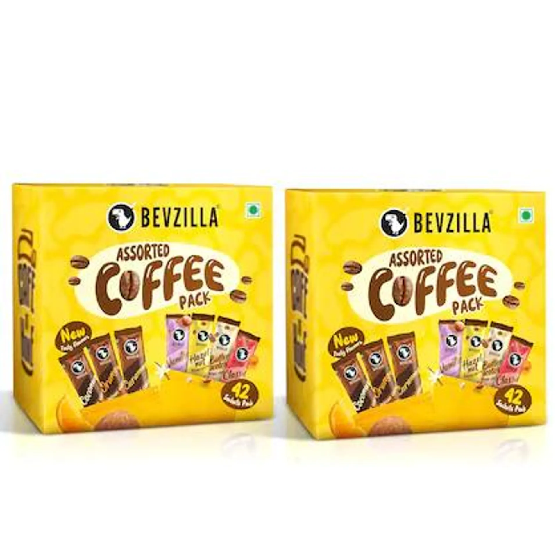 Bevzilla Pack of 2 Instant Coffee Powder 84 Sachets Box, Makes Premium Cup, (2 x 84 g, Assorted Flavoured)