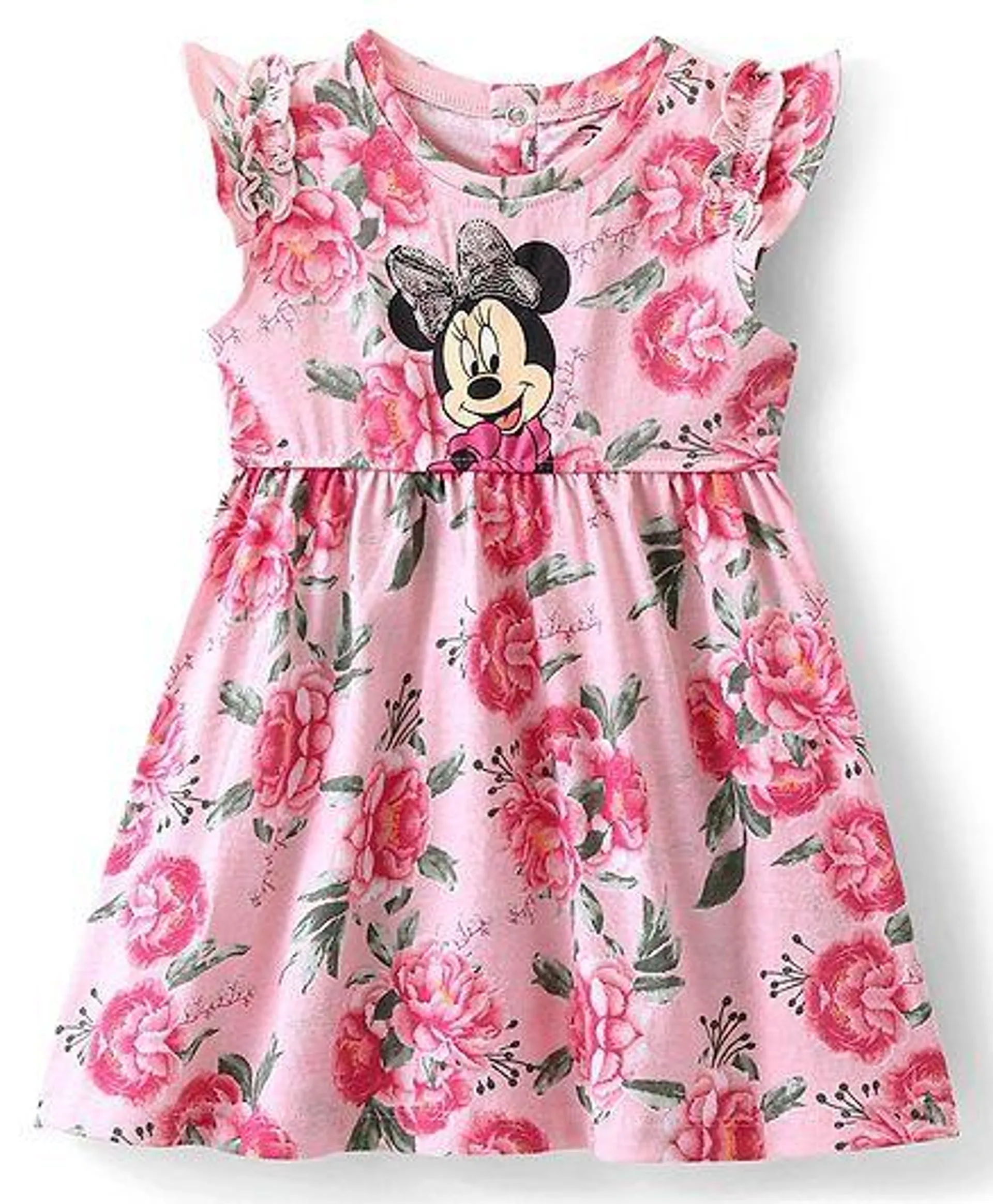 Babyhug Disney Cotton Jersey Knit Frill Sleeves Floral & Minnie Mouse Printed Frock - Peach