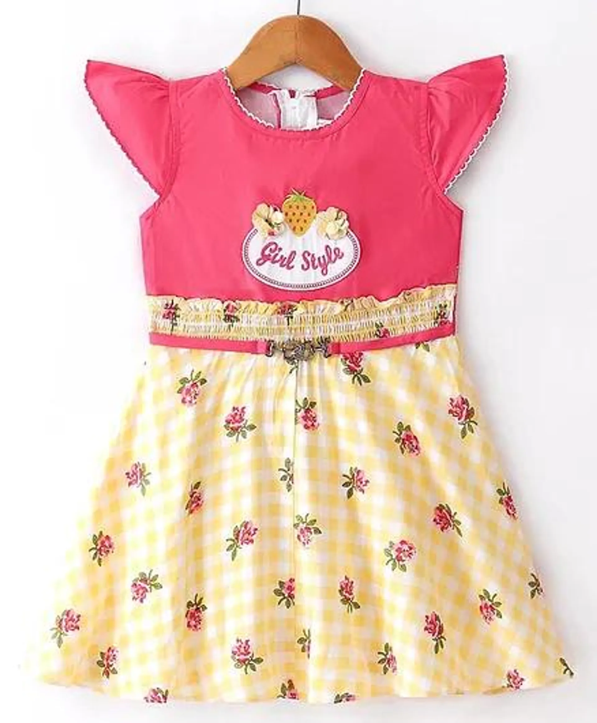 Enfance Core Cotton Cap Sleeves Checked & Floral Printed Dress - Tomato