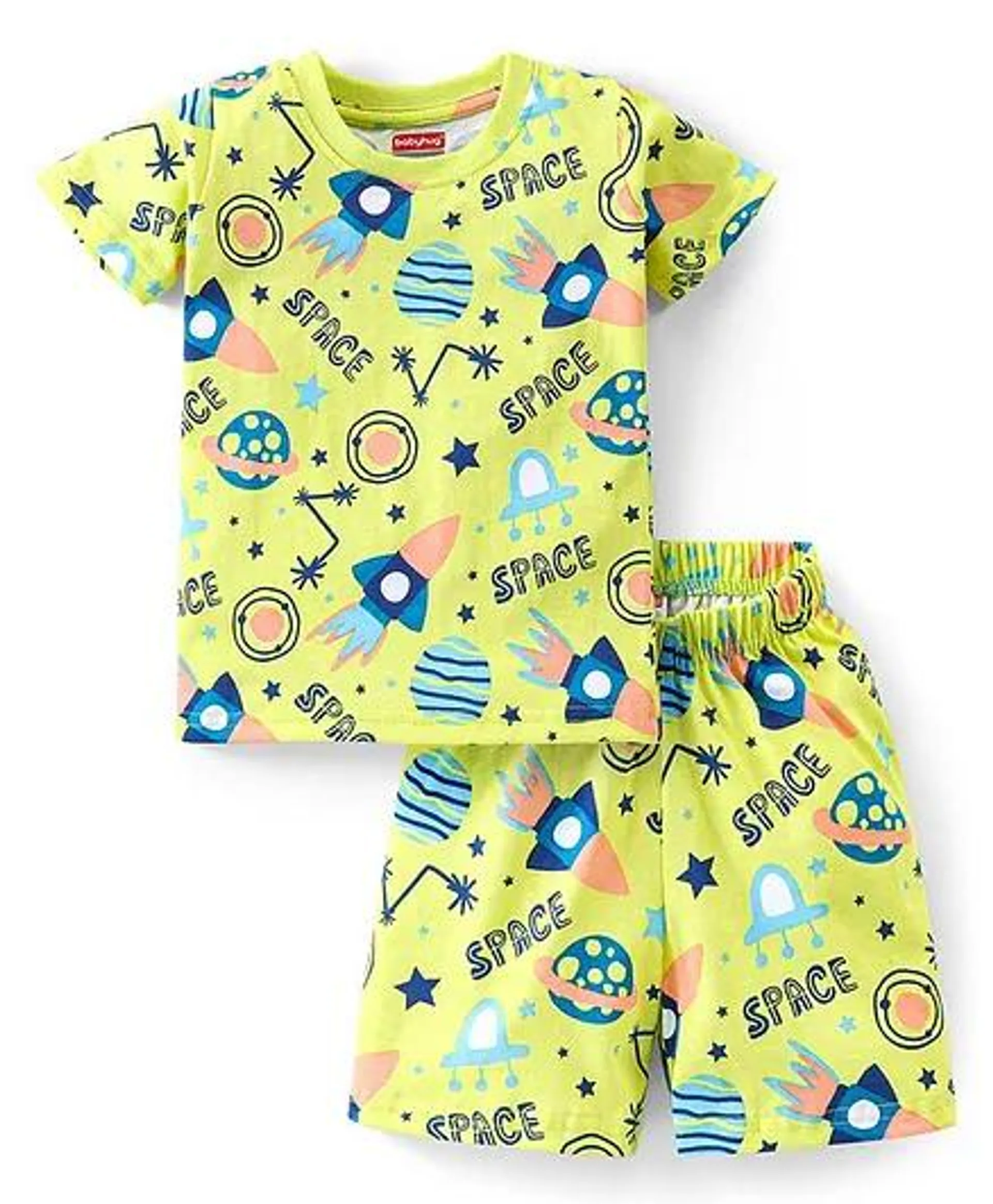 Babyhug Cotton Half Sleeves Night Suit Space Print - Green