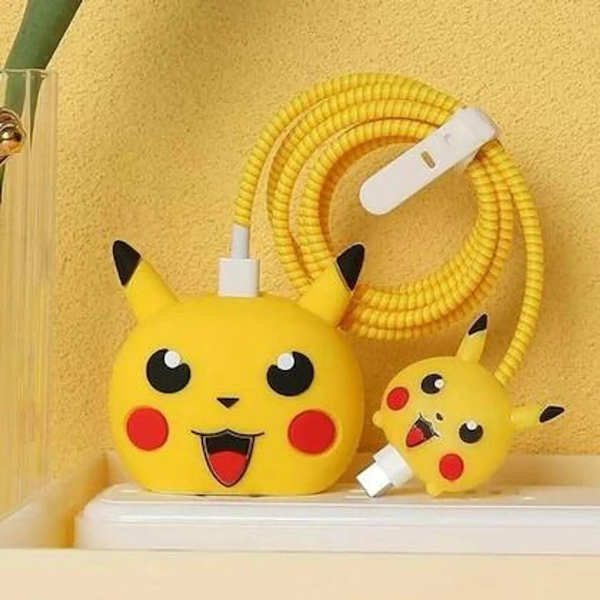 MORDEN Cute Cartoon Protective Case for iPhone 18W & 20W USB-C Adapter Charger Cable, Unique Design Funny 3D Cartoon Charger Cover Cable Protector for iPhone Fast Charger (Pikachu) Yellow