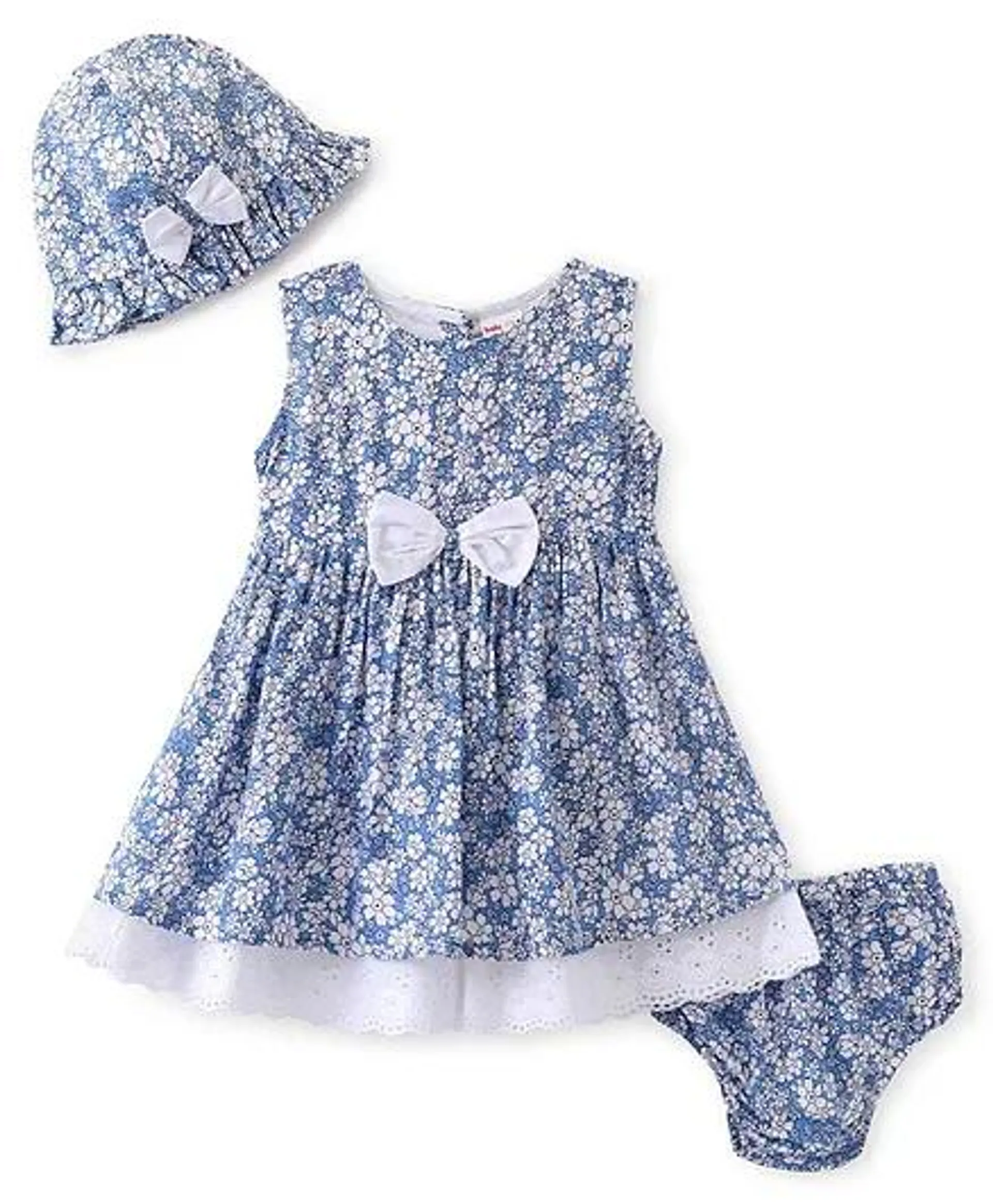 Babyhug Rayon Woven Sleeveless Frock with Bloomer & Cap Floral Print - Blue