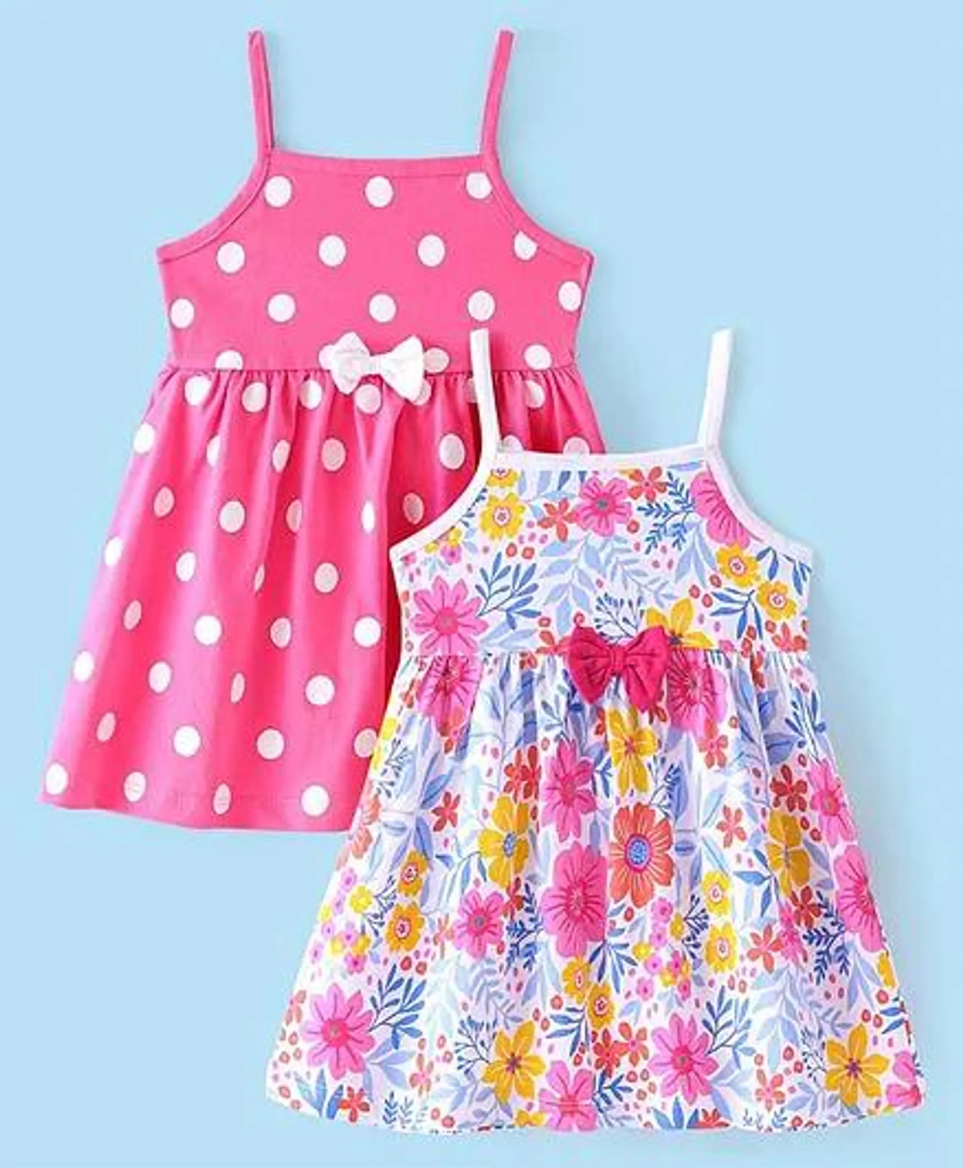 Babyhug Cotton Single Jersey Knit Sleeveless Frocks Polka Dot & Floral Print Pack of 2 White & Pink