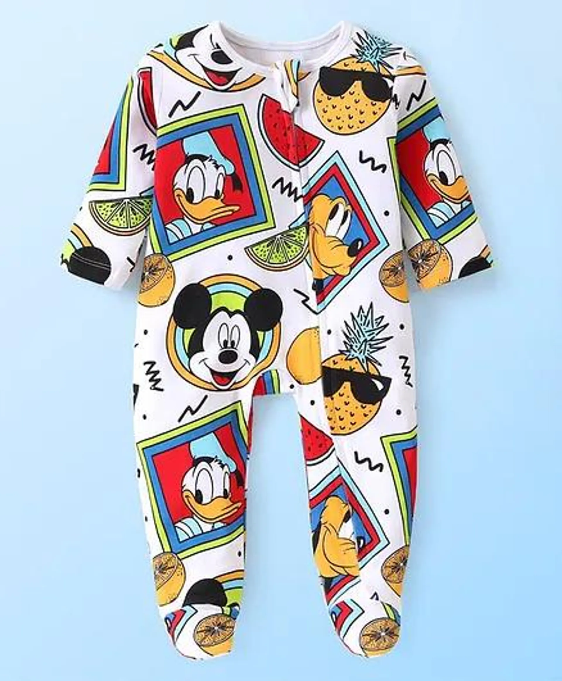 Babyhug Disney 100% Cotton Knit Full Sleeve Sleep Suit with Mickey Mouse Graphics -White