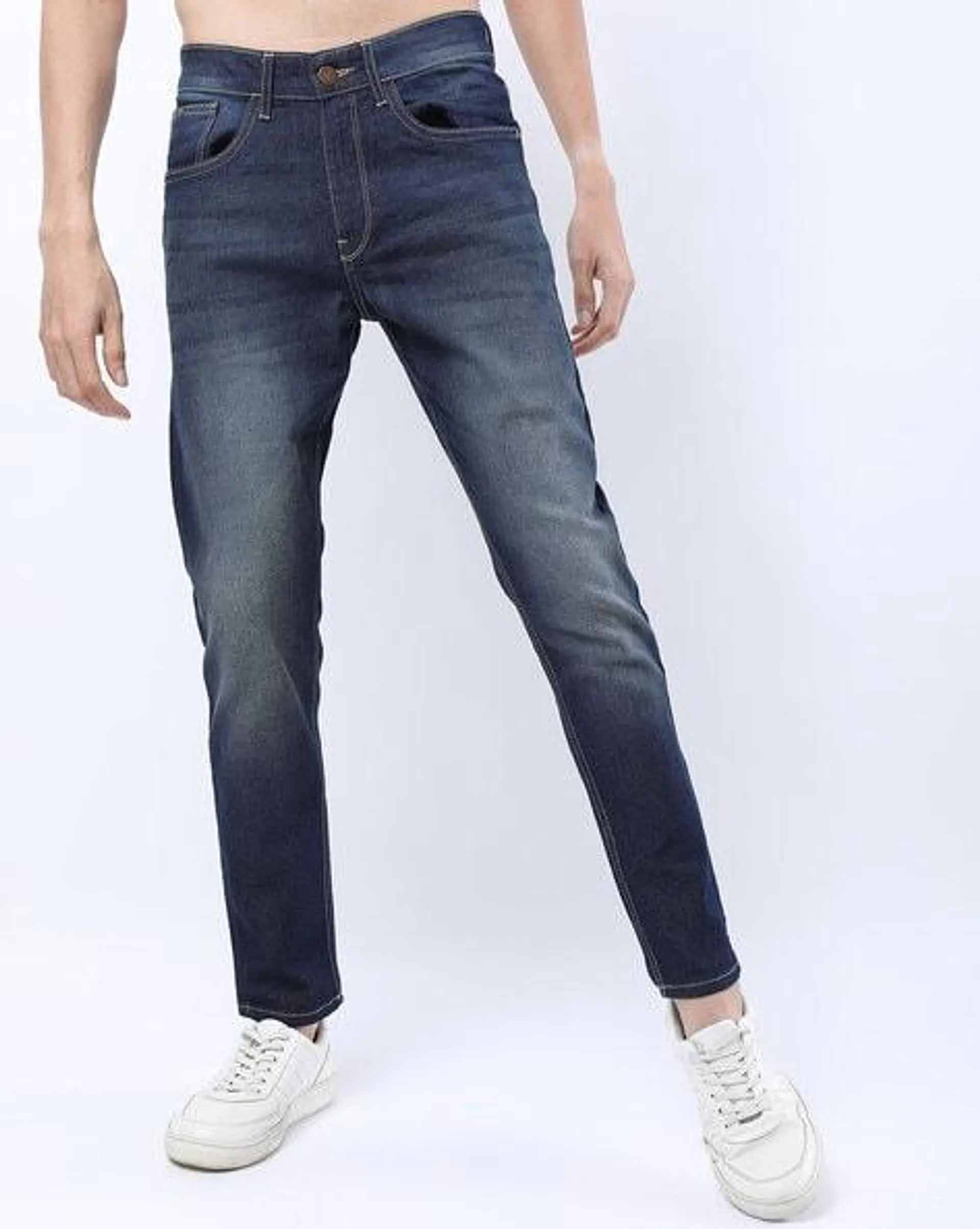 Mid-Wash Tapered Fit Jeans with Insert Pockets