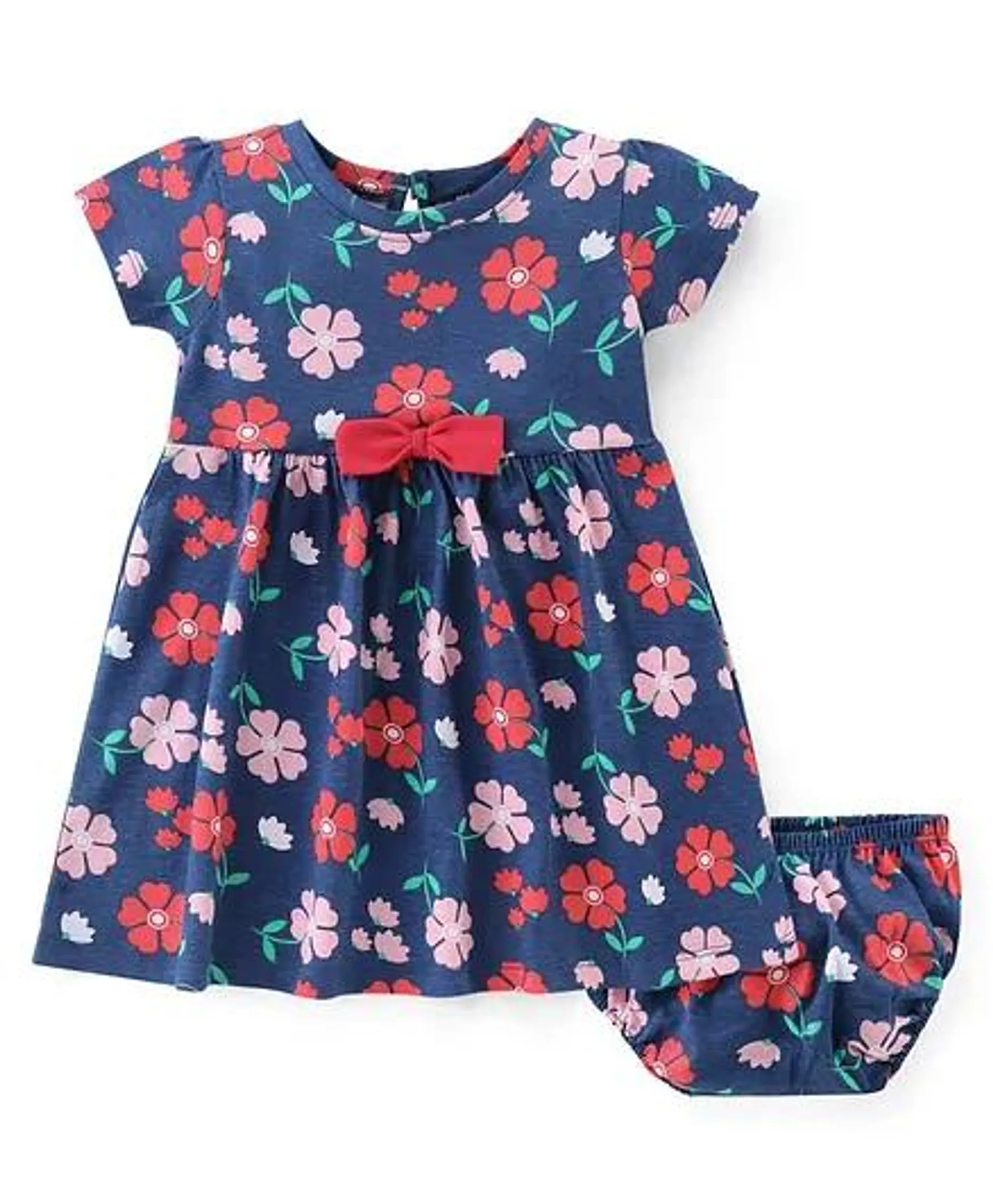 Babyhug Cotton Jersey Knit Half Sleeves Frock With Bloomer Floral Print & Bow Applique - Navy Blue