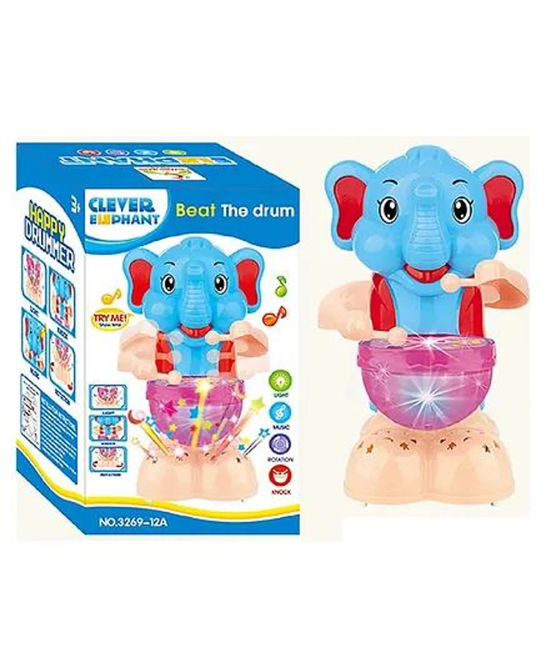 AKN TOYS Happy Elephant Drummer Toy with Colorful Flashing Lights - Multicolor