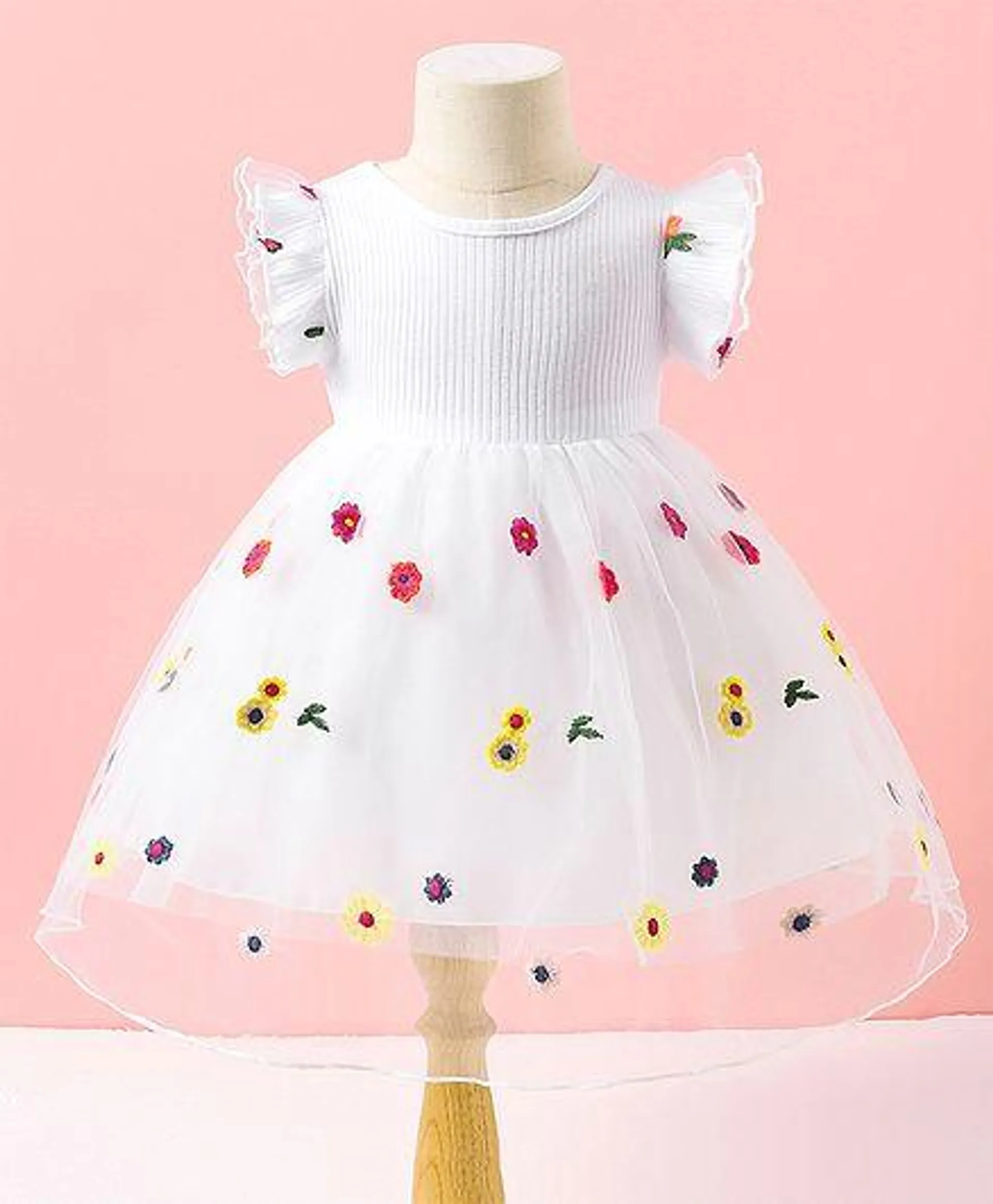 Kookie Kids Frill Sleeves Frock with Floral Embroidery - White