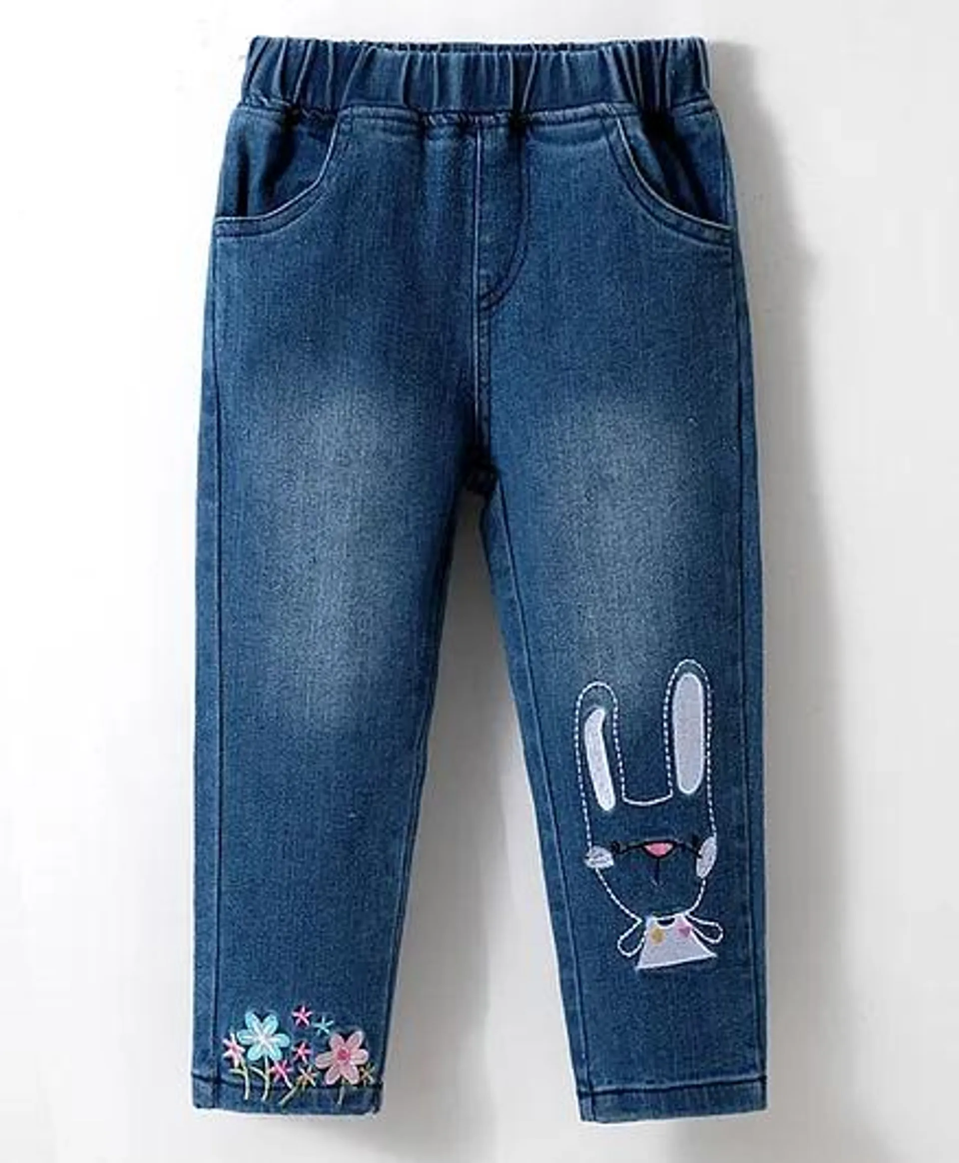 Kookie Kids Full Length Washed Denim Jeans with Floral Embroidery - Blue