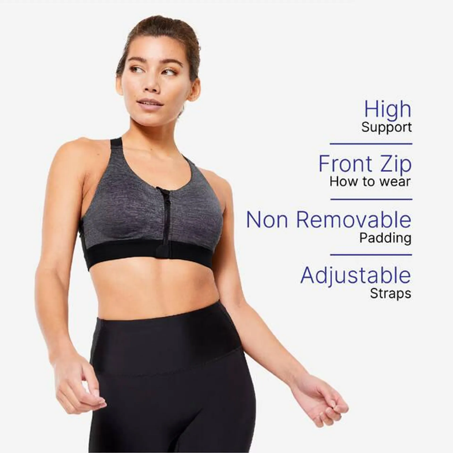 Women's High Support Zip-Up Sports Bra with Cups - Black/Grey