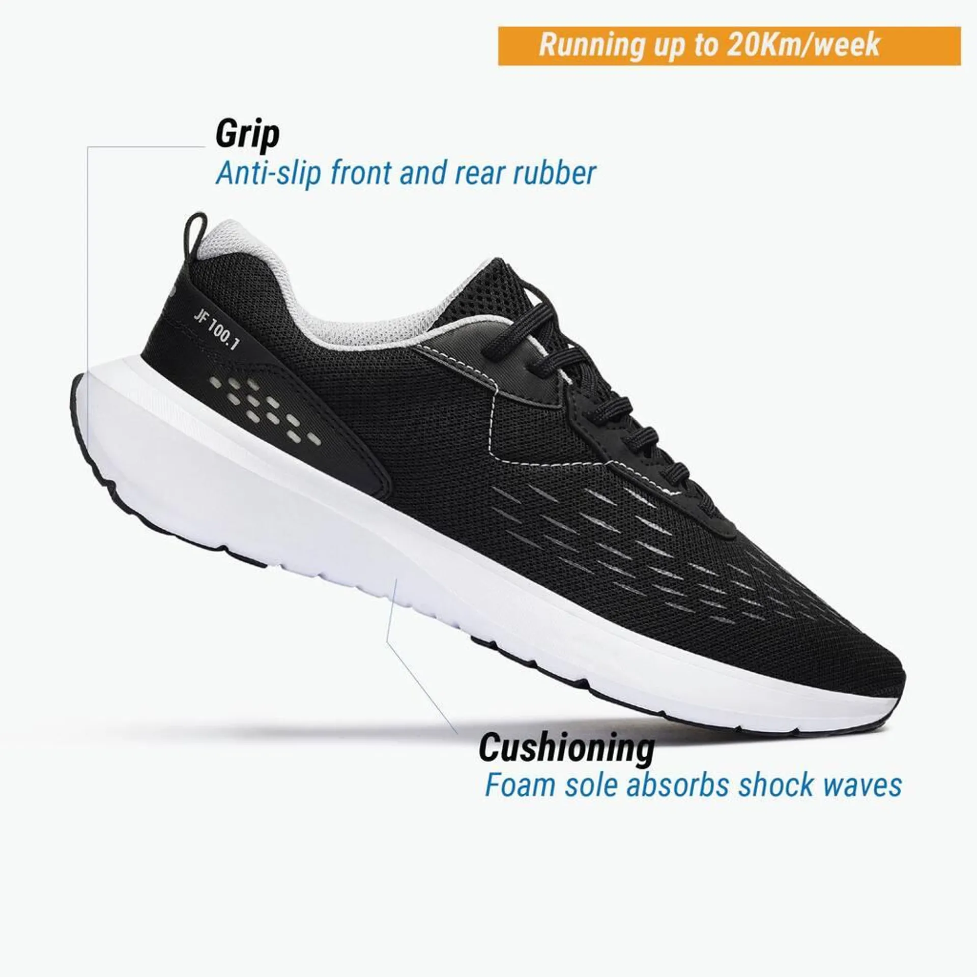 JOGFLOW 100 Superior Grip Cushioned Men Running Shoes max 10km/wk- Black Grey