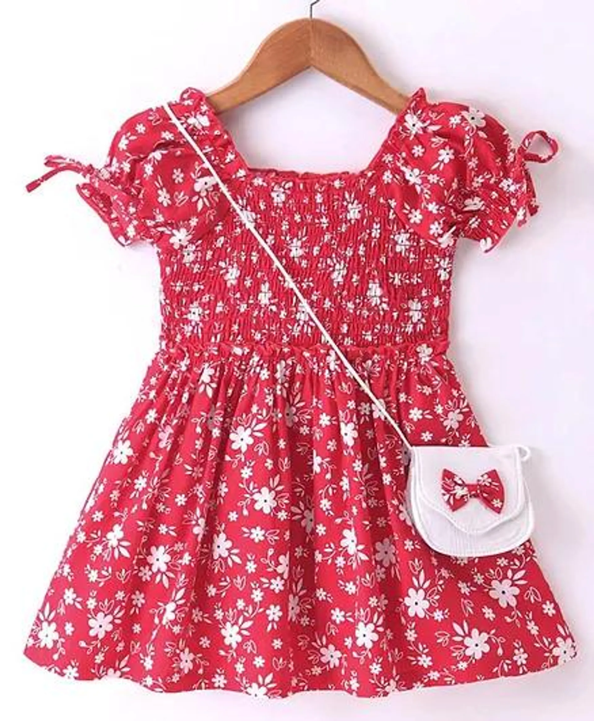 Enfance Core Cotton Half Sleeves Floral Printed Dress With Sling Bag - Red