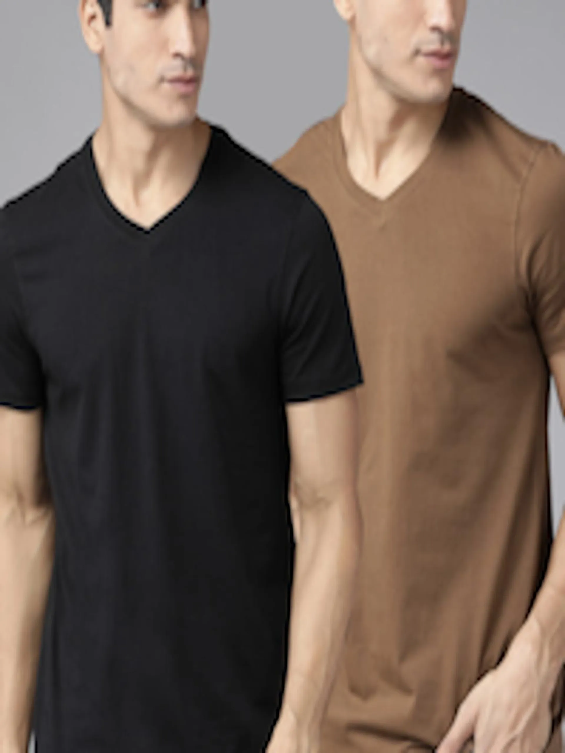 The Lifestyle Co Men Pack of 2 Black Olive Brown Solid V-Neck Cotton Pure Cotton T-shirt
