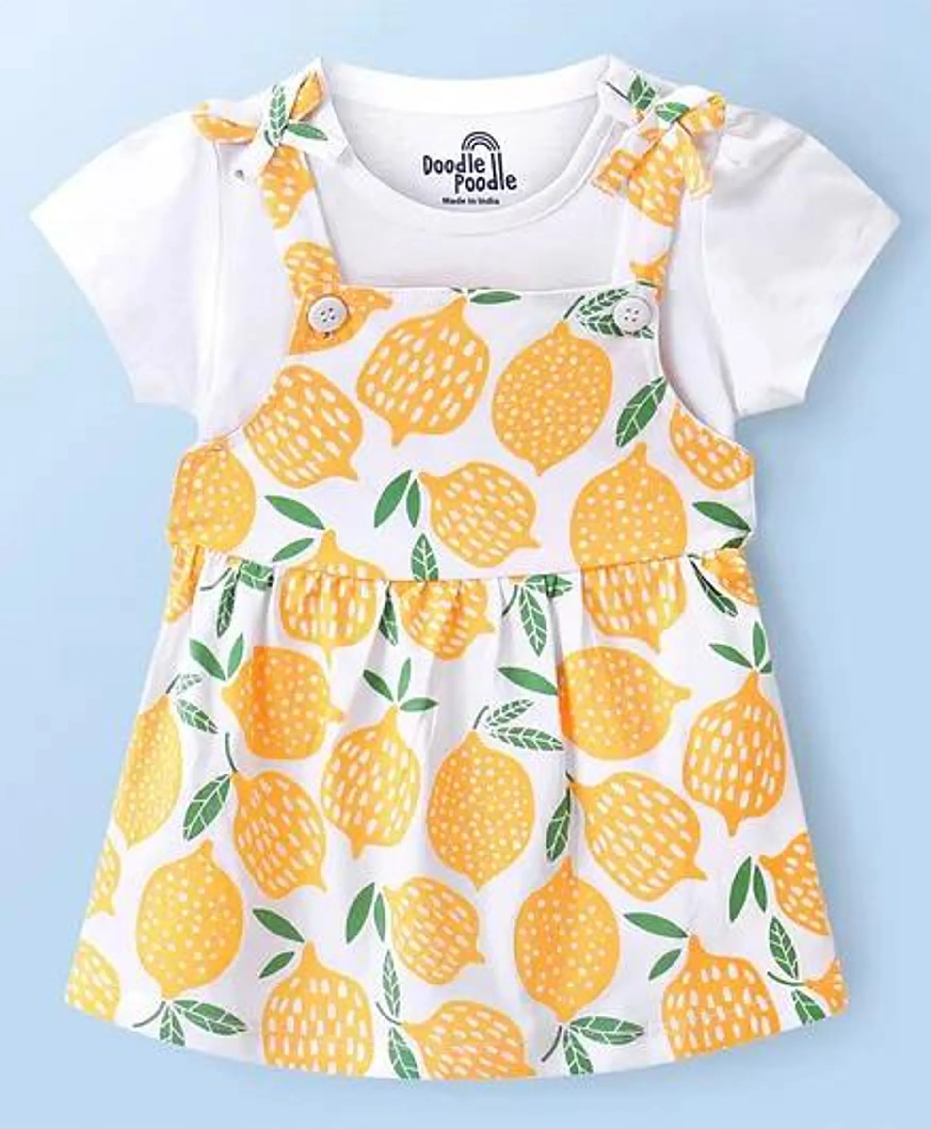 Doodle Poodle 100% Cotton Half Sleeves Lemon Printed Inner Tee with Frock - Yellow & White